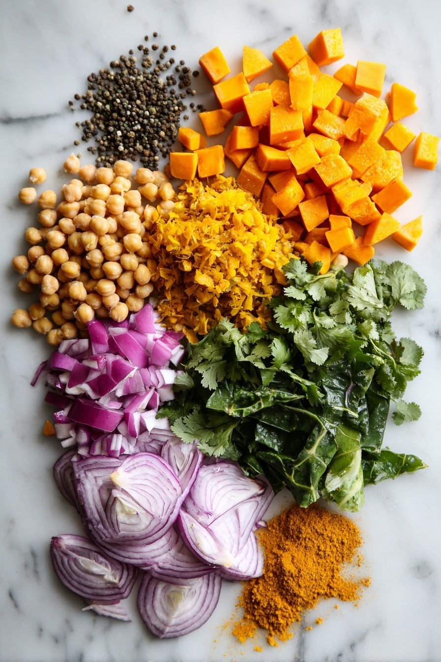 Flat lay of vibrant orange diced sweet potatoes, golden yellow onions finely diced, plump light beige chickpeas, bright green Swiss chard ribbons, fresh cilantro leaves, small clusters of black mustard seeds and whole cumin seeds, thin slices of deep purple red onion, and a small pile of golden brown garam masala powder, placed on a white marble surface, photo taken with an iphone --ar 2:3 --v 7 - Indian Chickpea Sweet Potato Stew, vegan gluten-free Indian stew, healthy chickpea sweet potato recipe, hearty vegan Indian stew, easy vegan gluten-free dinner