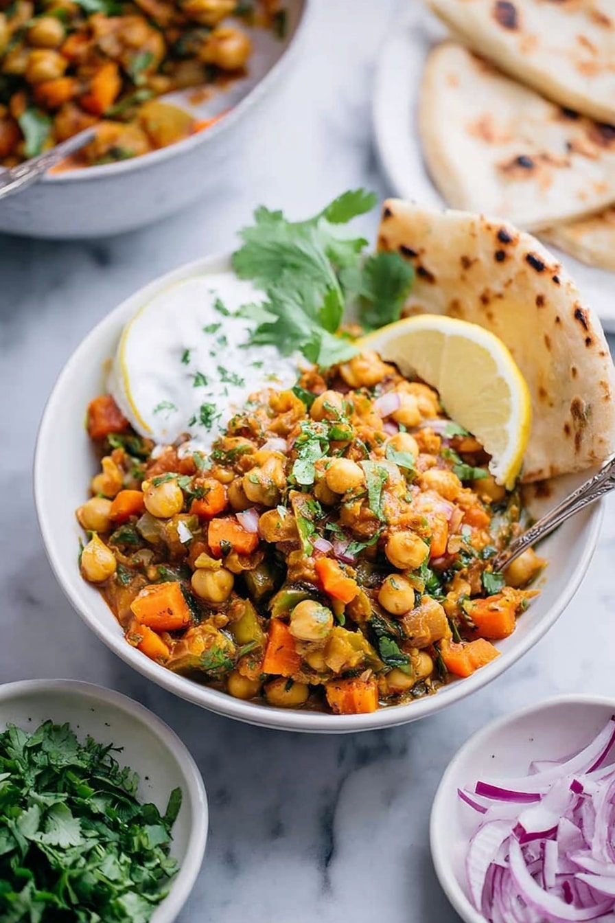 A white bowl filled with a mix of chickpeas, chopped carrots, and green herbs, all cooked together with a slightly saucy texture. There is a dollop of white sauce and fresh green cilantro leaves on the left side of the bowl. A lemon wedge and two pieces of toasted flatbread are placed on the right side inside the bowl. Around the bowl are small white dishes with fresh green herbs and thinly sliced purple onions on a white marbled surface. Another white bowl with a similar chickpea mixture and greens is blurred in the background. Photo taken with an iphone --ar 2:3 --v 7 - Indian Chickpea Sweet Potato Stew, vegan gluten-free Indian stew, healthy chickpea sweet potato recipe, hearty vegan Indian stew, easy vegan gluten-free dinner