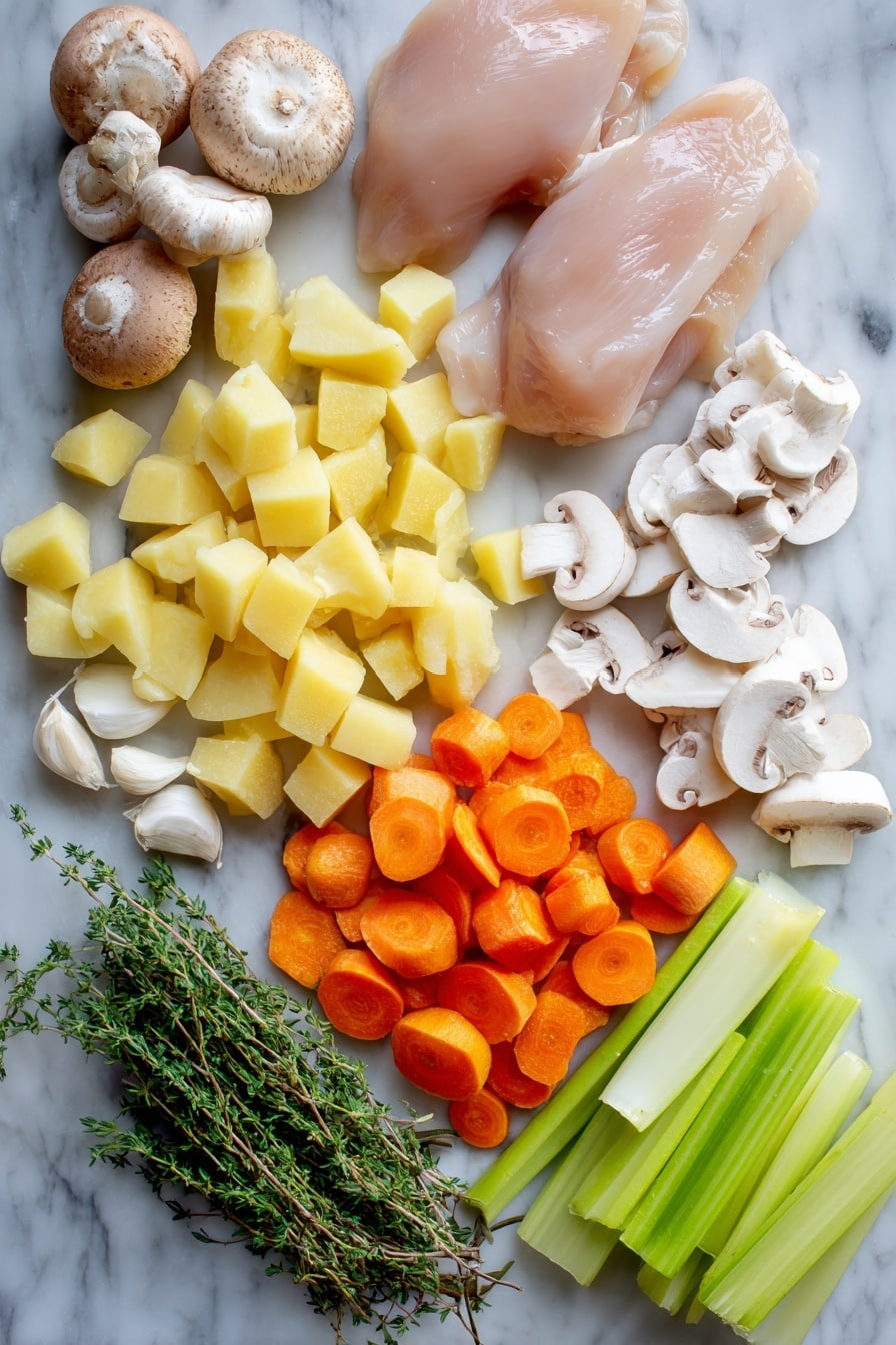 Flat lay of fresh uncooked chicken breasts, peeled and diced Russet potatoes, sliced white mushrooms, peeled and sliced bright orange carrots, chopped celery stalks, chopped half medium onion, whole garlic cloves, and a small bunch of Italian seasoning herbs, all beautifully arranged in a natural, colorful spread placed on a white marble surface, photo taken with an iphone --ar 2:3 --v 7 - Easy Chicken Stew, hearty chicken stew, simple chicken stew, comfort food recipes, one-pot chicken stew