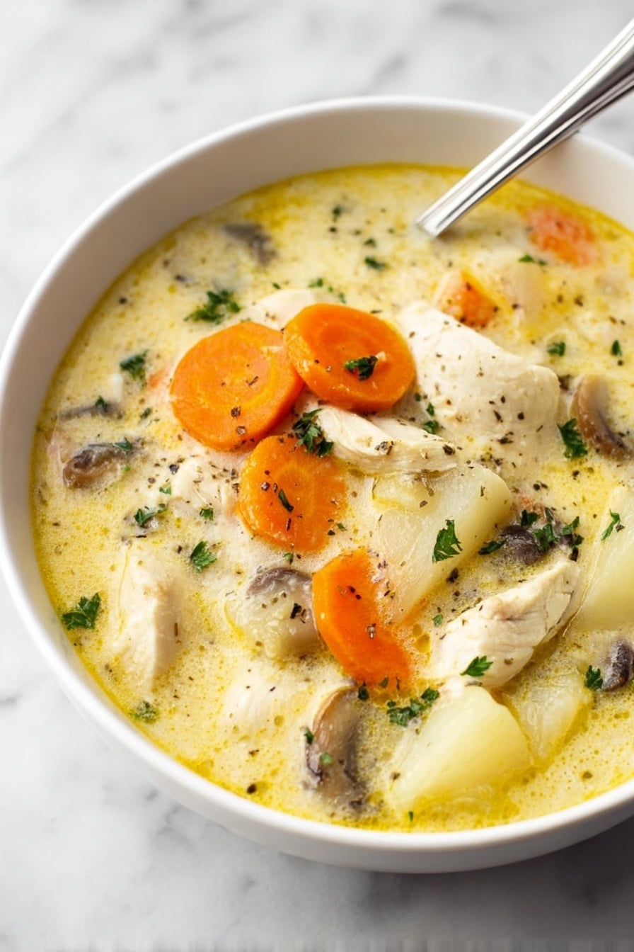 A white bowl filled with creamy chicken soup showing about four layers of ingredients. The top layer has several large orange carrot slices evenly spread, along with white chicken pieces that have a slightly rough texture and light pepper specks. The middle layer contains chopped white potatoes and small pieces of dark brown mushrooms nestled in the creamy yellow broth with herbs floating around. The broth itself has a smooth, slightly oily surface with specks of green parsley and black pepper scattered, giving a fresh and colorful look. A silver spoon rests inside the bowl, slightly submerged in the soup. The bowl sits on a white marbled surface. photo taken with an iphone --ar 2:3 --v 7 - Easy Chicken Stew, hearty chicken stew, simple chicken stew, comfort food recipes, one-pot chicken stew