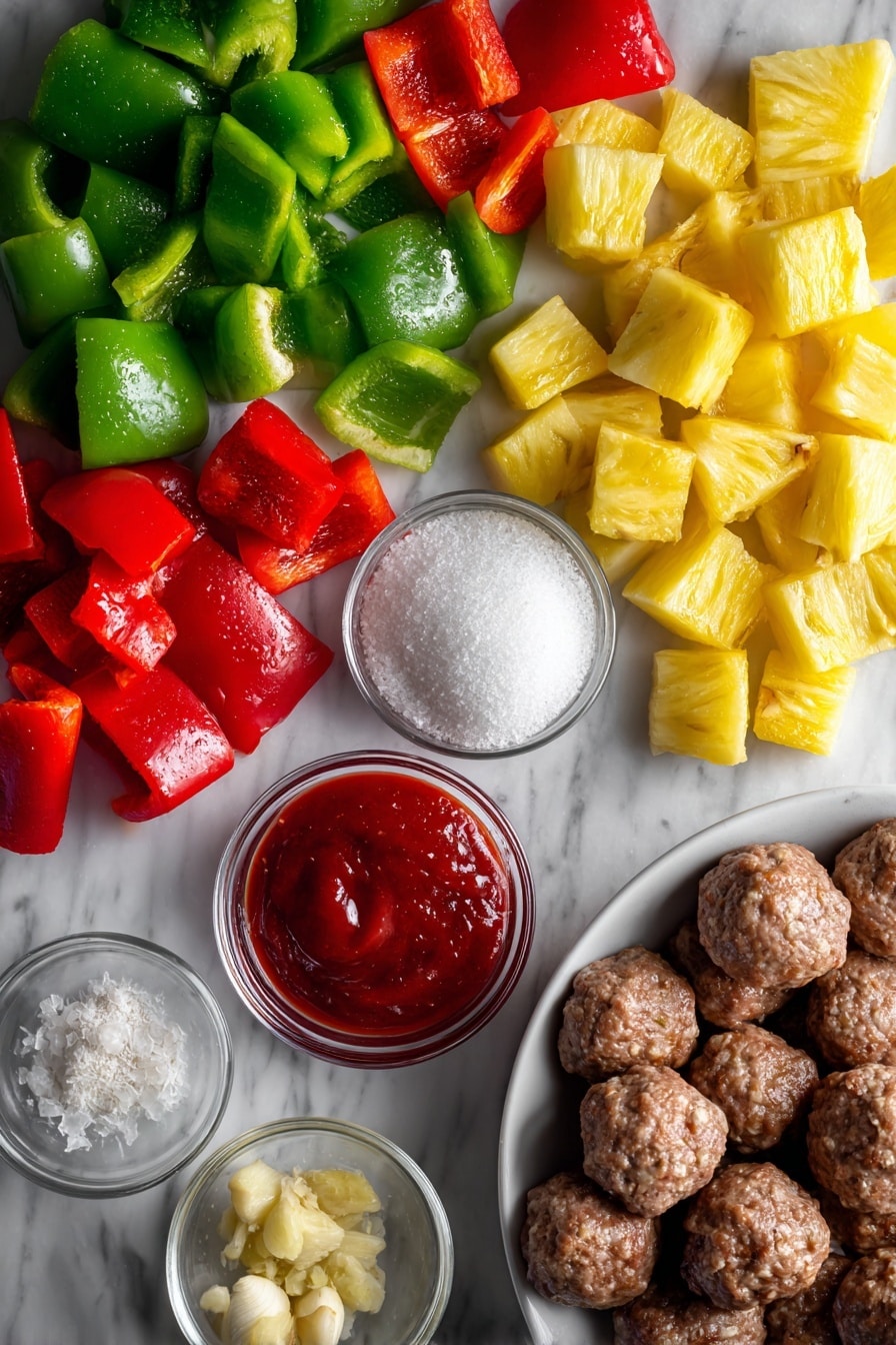 Flat lay of vibrant red and green bell pepper chunks, juicy golden pineapple pieces with glossy juice, plump frozen beef meatballs, bright white granulated sugar crystals, a small heap of white vinegar, smooth red tomato ketchup, light beige minced garlic, and pale yellow minced ginger, all beautifully arranged in a natural, colorful composition placed on a white marble surface, photo taken with an iphone --ar 2:3 --v 7 - Sweet and Sour Crockpot Meatballs, Crockpot Meatballs with Pineapple, Easy Sweet and Sour Meatballs, Slow Cooker Meatball Appetizer, Tangy Meatballs for Parties