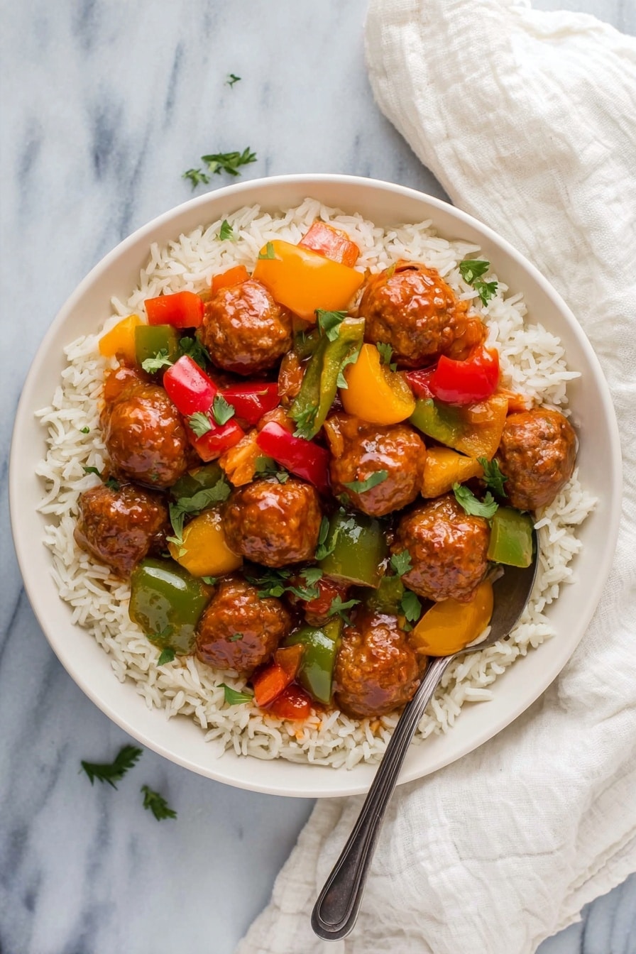 A white round bowl filled with a bed of white rice as the bottom layer, topped with a colorful mix of bright red, green, and yellow bell pepper chunks, along with golden brown meatballs coated in a shiny sauce, all spread evenly across the rice. A silver spoon rests inside the bowl on the right side. The bowl is placed on a white marbled surface with a white cloth beside it. Photo taken with an iphone --ar 2:3 --v 7 - Sweet and Sour Crockpot Meatballs, Crockpot Meatballs with Pineapple, Easy Sweet and Sour Meatballs, Slow Cooker Meatball Appetizer, Tangy Meatballs for Parties