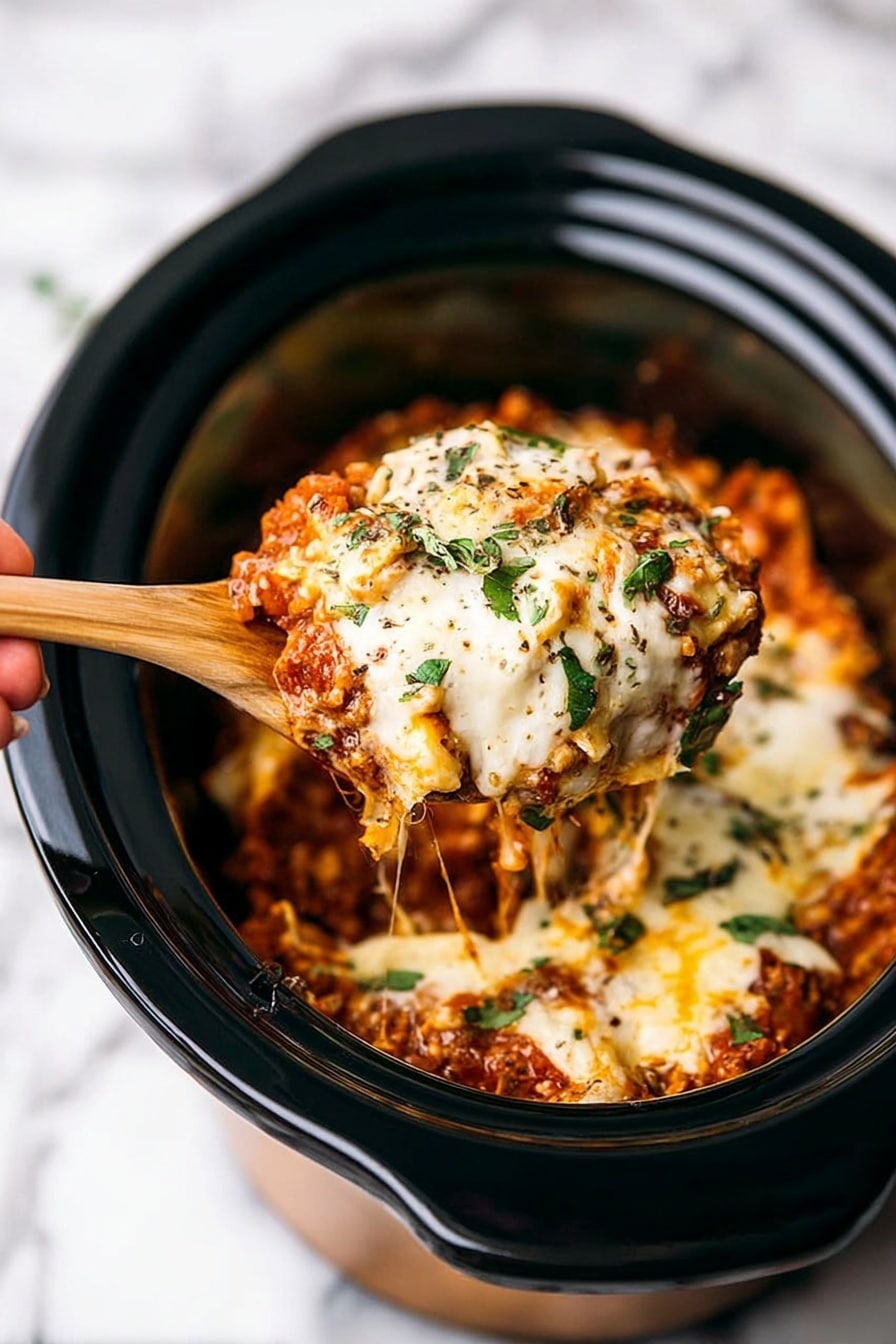 A close-up image shows a black slow cooker filled with a dish that has multiple layers. The bottom layer is a reddish-brown mixture with a rough texture, suggesting cooked meat and sauce. Above this is a creamy, melted white cheese layer that looks soft and stretchy, covering the dish unevenly with some areas browned. On top, there are small green herbs sprinkled evenly, adding a fresh touch. A wooden spoon lifts a generous scoop of the dish, showing the mix of sauce, meat, and cheese strands stretching back to the cooker, with a woman's hand holding the spoon. The background is a white marbled surface. Photo taken with an iphone --ar 2:3 --v 7 - Crockpot Lasagna, slow cooker lasagna recipe, easy crockpot lasagna, homemade crockpot lasagna, hearty lasagna in slow cooker
