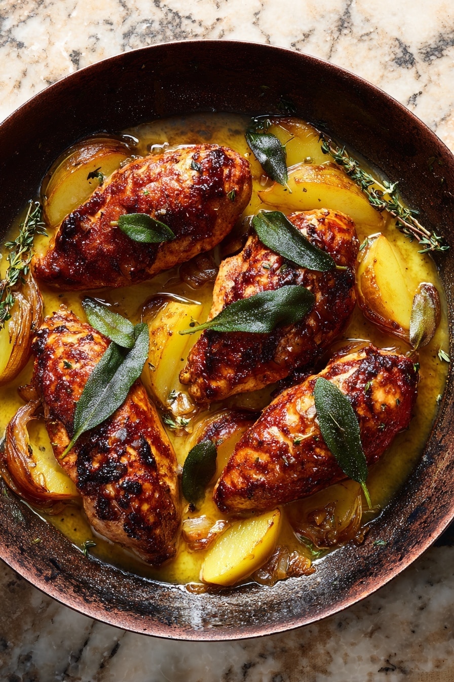 The image shows a dark skillet filled with four pieces of meat wrapped in crispy, dark reddish-brown bacon with a slight char, each topped with whole green sage leaves. Around the meat are soft, warm yellow and light orange apple slices with a glossy, cooked texture, along with small browned shallots nestled in a light golden sauce covering the bottom of the skillet. Small green thyme sprigs are scattered throughout, adding a fresh touch. The skillet rests on a rough, rustic surface, but the background should be imagined as a white marbled texture. photo taken with an iphone --ar 2:3 --v 7 - Prosciutto Apple and Sage Butter Chicken with Cider Pan Sauce, apple chicken recipes, savory prosciutto chicken, fall dinner ideas, easy gourmet chicken dishes