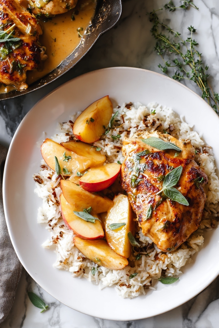 The dish shows one white plate with two pieces of cooked meat wrapped with a browned outer layer, topped with small green leaves. Underneath the meat is a layer of white and brown mixed rice spread evenly across most of the plate. Next to the meat on the rice are three golden-brown cooked apple wedges with shiny skins and a few green herb leaves on top. The plate sits on a white marbled surface with some small green herb sprigs scattered around. A dark cast iron pan with extra sauce and apple wedges is partially visible next to the plate. The photo taken with an iphone --ar 2:3 --v 7 - Prosciutto Apple and Sage Butter Chicken with Cider Pan Sauce, apple chicken recipes, savory prosciutto chicken, fall dinner ideas, easy gourmet chicken dishes