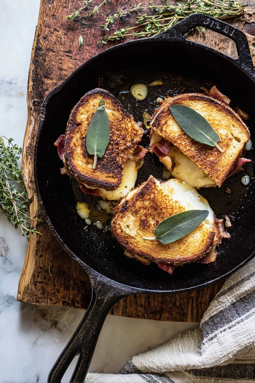 Three toasted sandwiches with golden brown crusts sit in a black cast iron pan, each topped with a single dark green fried sage leaf. The sandwiches are slightly open, showing melted white cheese and bits of bacon inside. The pan glistens with melted butter and small herbs scattered around. The pan is on a rough wooden board, which rests on a white marbled surface with some red flowers and a checked cloth nearby. Photo taken with an iphone --ar 2:3 --v 7 - French Onion and Apple Grilled Cheese, caramelized onion grilled cheese, apple and cheese sandwich, gourmet grilled cheese recipes, sweet and savory grilled cheese