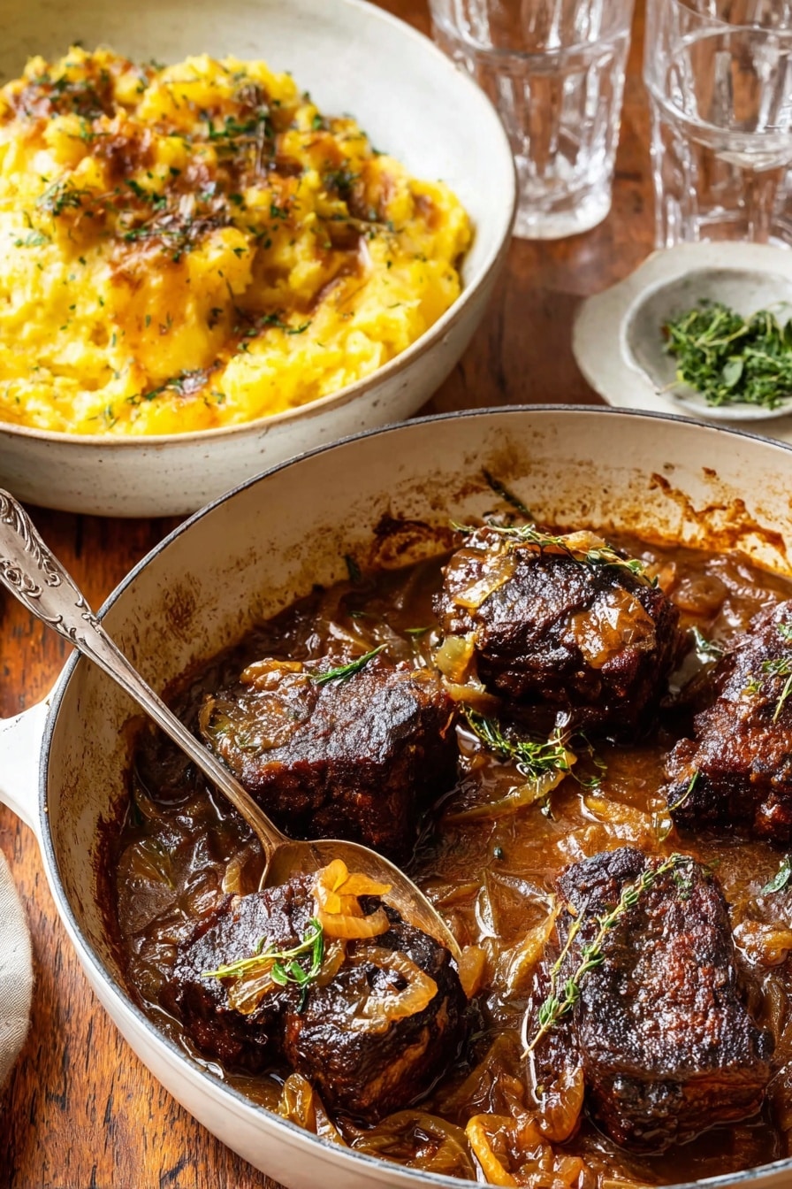 A white pan filled with four dark brown, crispy pieces of cooked meat sitting in a thick, shiny brown sauce with visible cooked onions and small green herb leaves scattered on top and around the meat; next to it is a white bowl holding golden yellow, roasted mashed potatoes with some darker crispy edges and green herbs mixed in, with a silver spoon scooping a portion; the background is a warm wooden surface with two clear glasses and a small white plate with green herbs on the lower right; photo taken with an iphone --ar 2:3 --v 7 - Cider Braised Pot Roast with Crispy Sage Potatoes, hearty beef stew with apple cider, fall comfort food recipes, slow braised beef with sage potatoes, cozy wintry dinner ideas