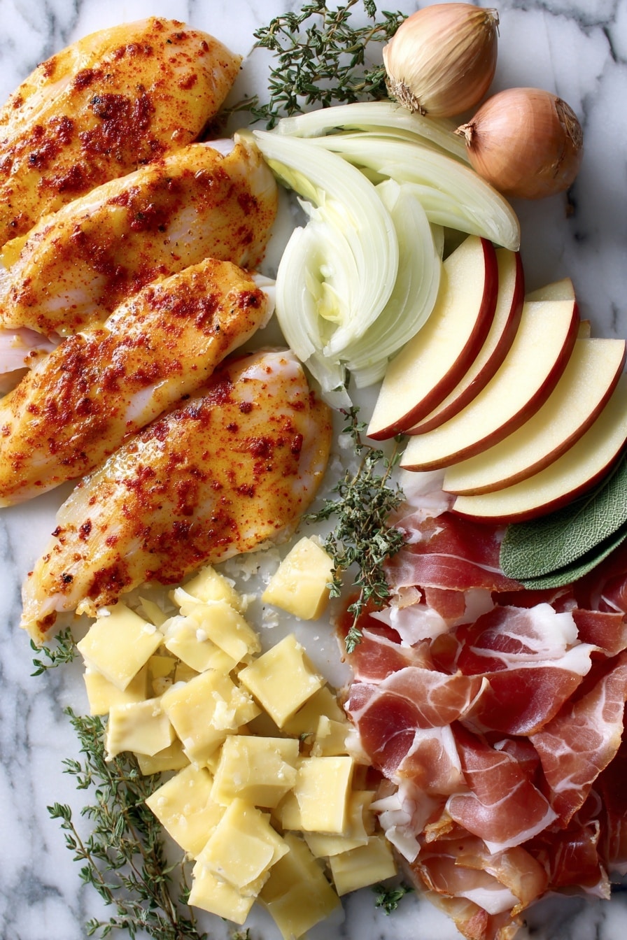 Flat lay of thin-cut chicken breasts seasoned with paprika and cayenne, crispy golden prosciutto slices, sliced yellow onion, chopped garlic cloves, fresh thyme and sage leaves, crisp Honeycrisp apple wedges, and shredded Gruyère cheese, all beautifully arranged with pats of salted butter scattered among the ingredients, placed on a white marble surface, photo taken with an iphone --ar 2:3 --v 7 - Apple Cider Smothered Chicken, Apple Cider Chicken Recipe, Cozy Chicken Dinner, Easy One-Pan Chicken, Fall Comfort Food