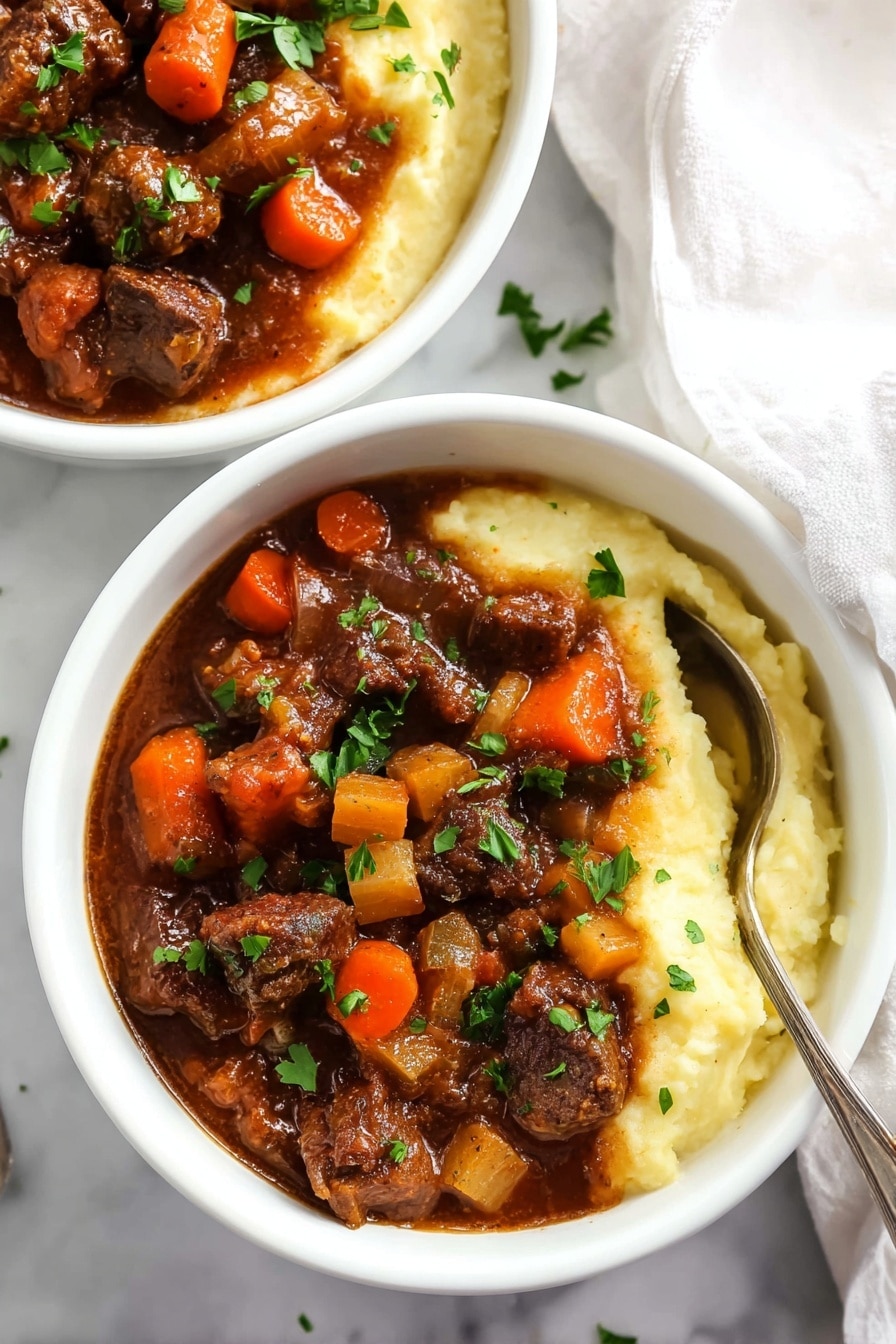 The image shows a stew with rich brown chunks of meat and bright orange carrot pieces mixed together in a thick, dark brown sauce. Green herbs are sprinkled on top, adding a fresh color contrast to the dish. The texture of the stew looks hearty with visible tender meat and soft vegetables, all contained in a dark cooking pot against a white marbled background. photo taken with an iphone --ar 2:3 --v 7 - Slow Cooker Beef Stew with Rich Gravy, hearty beef stew, easy slow cooker recipes, comforting beef stew, flavorful beef stew recipes