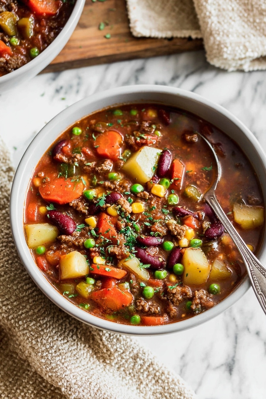 A bowl of thick stew filled with layers of colorful ingredients, starting with a base of rich, dark brown broth. Chunks of orange carrots, bright green peas, yellow corn, and deep red kidney beans are spread evenly throughout. Pieces of brown ground meat and slices of browned sausage add texture and depth. Small white potato cubes and bits of green herbs are scattered on top, adding a fresh touch. The stew fills a white bowl, with a spoon resting inside, all set on a white marbled surface with a beige and white textured cloth nearby. Photo taken with an iphone --ar 2:3 --v 7 - Cowboy Stew, Cowboy Stew recipe, hearty stew, one-pot stew, comfort food recipes