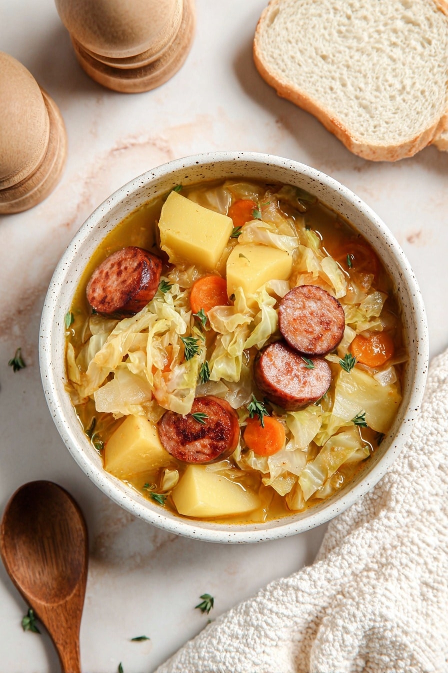 A bowl filled with a thick stew showing three main layers: the bottom layer is a light brown broth; the middle layer has large yellow potato chunks and slices of orange carrots; the top layer includes browned sausage slices, shredded light cabbage, and small green herb sprigs scattered on top. The bowl is white with small dark speckles and sits on a white marbled surface. Next to it are two slices of white bread and a wooden pepper grinder partially visible. A wooden spoon and a white textured cloth are placed nearby. Photo taken with an iphone --ar 2:3 --v 7 - Kielbasa and Cabbage Soup, hearty sausage and cabbage soup, easy kielbasa soup recipe, comforting cabbage and sausage stew, quick sausage and veggie soup