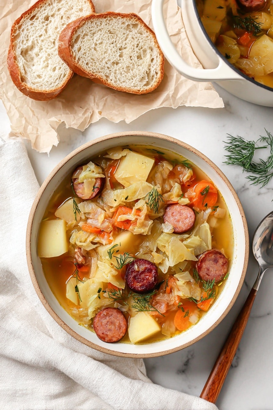A bowl filled with soup showing three layers: at the bottom, a light brown broth; above it, chunks of light yellow potatoes and slices of orange carrots; on top, slices of dark brown sausage mixed with shredded translucent cabbage and small green dill sprigs scattered throughout. The bowl is round and white with a natural rim. Next to the bowl is a white cloth napkin and a spoon with a wooden handle resting on it. To the top left, there are two slices of pale bread set on crumpled parchment paper. Part of a white cooking pot containing more of the same soup is visible in the top right corner. The whole scene is arranged on a white marbled surface. photo taken with an iphone --ar 2:3 --v 7 - Kielbasa and Cabbage Soup, hearty sausage and cabbage soup, easy kielbasa soup recipe, comforting cabbage and sausage stew, quick sausage and veggie soup