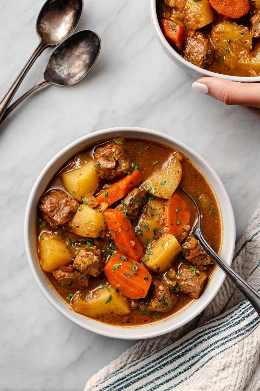 A white bowl filled with a thick stew showing three main layers: large orange carrot slices scattered throughout, chunky light brown pieces of meat evenly spread, and irregular yellowish potato pieces sitting on and beneath the meat and carrots, all mixed in a rich brown sauce with small green herb bits sprinkled on top. The bowl is placed on a white marbled surface next to two silver spoons and a striped white and blue cloth napkin. A woman's hand holds a similar white bowl with the same stew in the upper right corner. Photo taken with an iphone --ar 2:3 --v 7 - Hearty Braised Lamb Stew with Potatoes, Carrots, and Mushrooms, Lamb stew recipe, Slow braised lamb dish, Comforting beef and vegetable stew, Easy one-pot lamb recipes