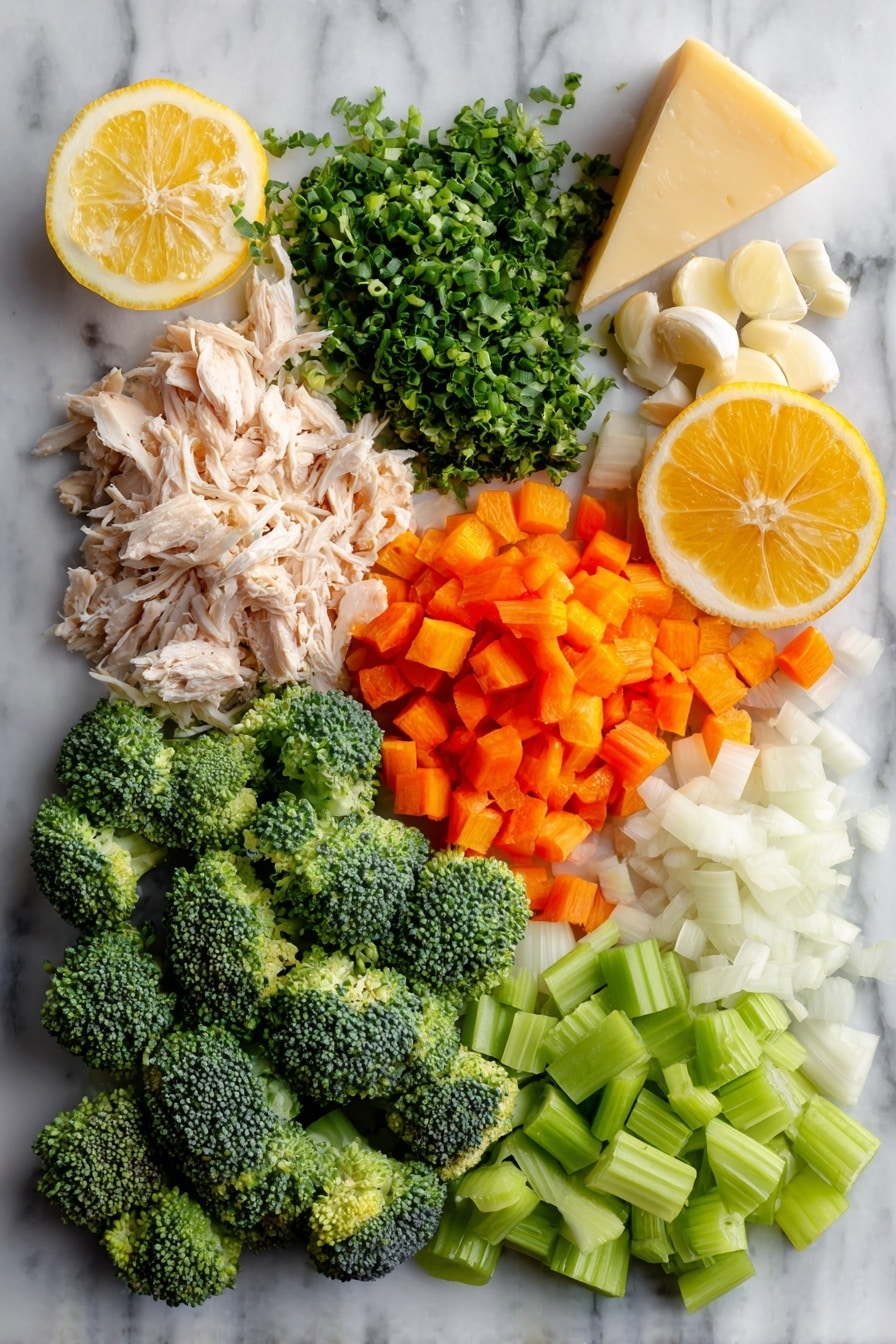 Flat lay of bright green broccoli florets, shredded cooked chicken, diced sweet onion, chopped orange carrots, chopped celery stalks, peeled garlic cloves, a wedge of parmesan rind, and a fresh lemon half with a spritz of juice, all beautifully arranged on a white marble surface, photo taken with an iphone --ar 2:3 --v 7 - Creamy Chicken and Broccoli Soup, chicken broccoli soup, creamy chicken soup, healthy chicken soup, comforting soup recipes