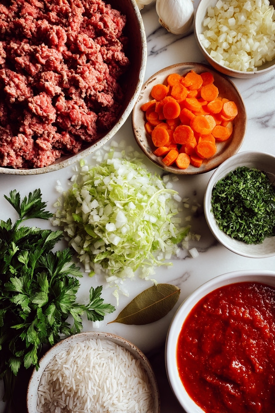 Flat lay of fresh ground beef, finely diced yellow onion, minced garlic cloves, chopped green cabbage, vibrant sliced carrots, bright red tomato sauce in a rich pool, uncooked white rice grains scattered delicately, a single bay leaf, and a small pile of fresh chopped parsley, all beautifully arranged on a white marble surface, photo taken with an iphone --ar 2:3 --v 7 - Cabbage Roll Soup, hearty cabbage roll soup, easy cabbage roll soup recipe, comforting cabbage soup, paleo cabbage roll soup