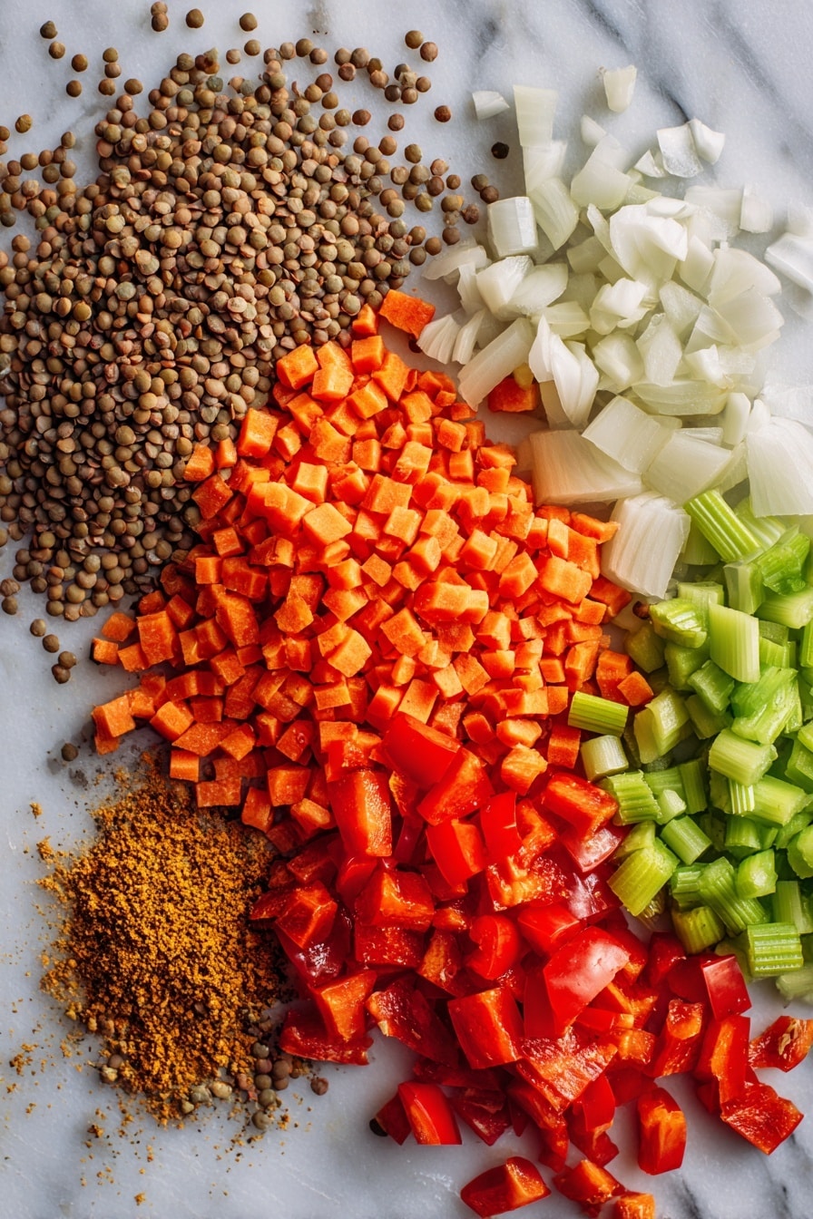 Flat lay of dried brown lentils spilling gently, diced medium onion bulbs with translucent layers, vibrant sliced orange carrots, fresh green celery stalks finely diced, peeled garlic cloves crushed slightly, bright red diced tomatoes glistening, and a small pile of warm golden ground cumin and coriander seeds, all beautifully arranged in a natural, colorful composition, placed on a white marble surface, photo taken with an iphone --ar 2:3 --v 7 - Slow Cooker Lentil Soup, hearty lentil soups, easy lentil recipes, healthy slow cooker meals, comforting vegetarian soups