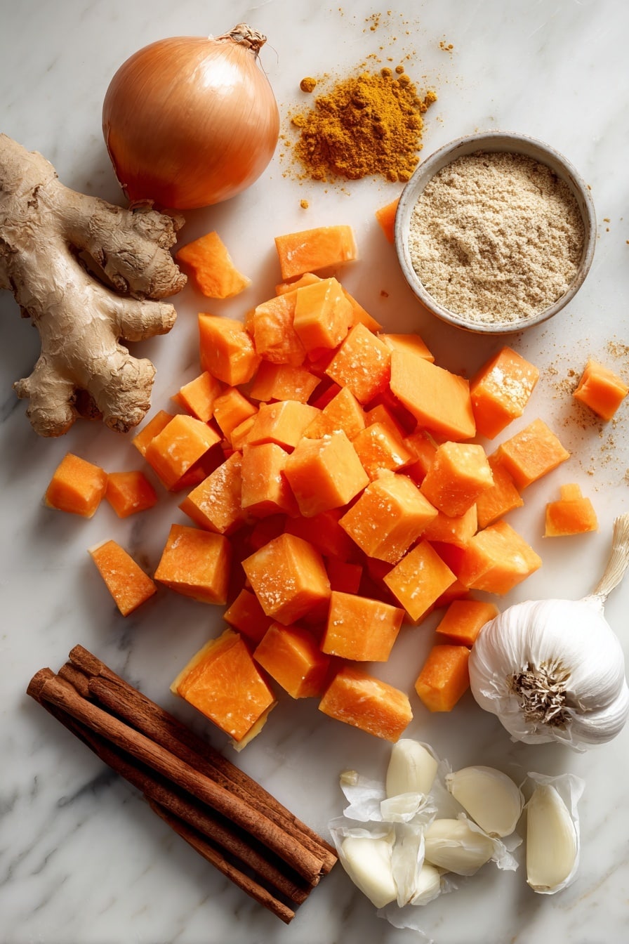 Flat lay of bright orange pumpkin cubes, fresh peeled and chopped carrots, a small golden onion with papery skin, peeled garlic cloves, a neat pile of golden curry powder, warm brown cinnamon sticks, fresh ginger root with a bit peeled, and a creamy swirl of coconut milk, all beautifully arranged on a white marble surface, photo taken with an iphone --ar 2:3 --v 7 - Creamy Pumpkin Curry Soup, pumpkin curry soup recipe, easy pumpkin soup, savory pumpkin curry, quick weeknight pumpkin soup