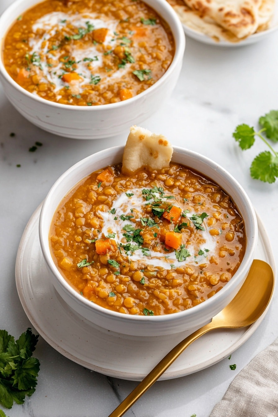 The image shows two white bowls filled with thick, orange-brown lentil curry, placed on white marbled surface. The curry has visible lentils and small pieces of orange carrot, topped with white cream swirled on top and sprinkled with green chopped cilantro. One bowl is in the front on a white plate with a golden spoon resting beside it, while the other bowl is partly visible in the background. A piece of light brown flatbread is placed resting on the edge of the front bowl. A few sprigs of fresh cilantro add a pop of green around the bowls. Photo taken with an iphone --ar 2:3 --v 7 - Vegan Curried Pumpkin Lentil Soup, vegan pumpkin lentil soup, healthy vegan soup recipes, easy plant-based lentil soup, comforting fall vegan soup
