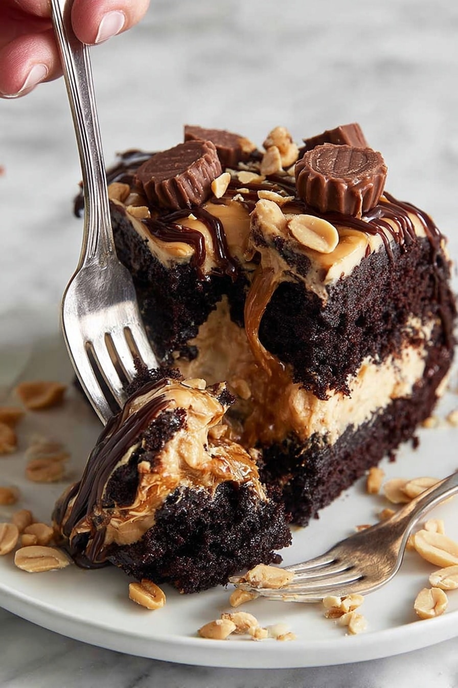 A slice of rich dark chocolate cake with a thick, creamy light brown peanut butter frosting layer on top, decorated with chopped peanut butter cups and whole peanuts. The frosting is drizzled with dark chocolate sauce. The cake is placed on a white plate with a few scattered peanuts around. A woman's hand holding a fork is cutting into the moist cake, lifting a piece. The background is a white marbled texture. Photo taken with an iphone --ar 2:3 --v 7 - Chocolate Peanut Butter Cake for a Crowd, crowd-pleasing chocolate peanut butter cake, easy large party cake, moist chocolate peanut butter dessert, party-sized chocolate cake