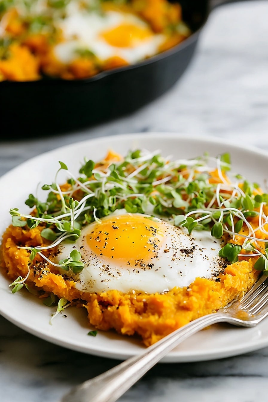 A white plate sits on a white marbled surface, holding a bright orange mashed base spread out flat. On top of this base is a single fried egg with a yellow yolk and white edges, sprinkled lightly with black pepper. Around the egg and on the mashed layer are small fresh green sprouts with thin white stems scattered over. A silver fork rests on the right side of the plate, partially on the food. In the background, a black skillet filled with the same mashed base and eggs is slightly blurred. Photo taken with an iphone --ar 2:3 --v 7 - Orange Shakshuka with Butternut Squash and Spiced Vegetables, healthy shakshuka with roasted butternut squash, flavorful breakfast shakshuka, vegetarian brunch ideas, comforting vegetable shakshuka