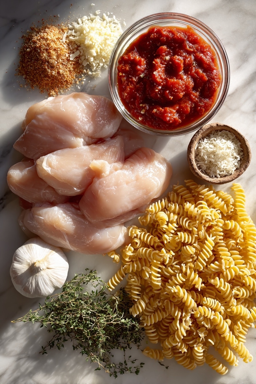 Flat lay of boneless skinless chicken breasts, minced garlic cloves, dried onion flakes, bright red tomato paste in a small glass jar, rich tomato sauce in a rustic bowl, diced vine-ripened tomatoes, fresh Italian seasoning herbs, grated Parmesan cheese piles, and uncooked campanelle pasta spirals, all beautifully arranged with natural light highlighting their vibrant colors, placed on a white marble surface, photo taken with an iphone --ar 2:3 --v 7 - Slow Cooker Chicken Parmesan Soup, Chicken Parmesan Soup, Slow Cooker Soup, Easy Chicken Soup, Italian Comfort Food