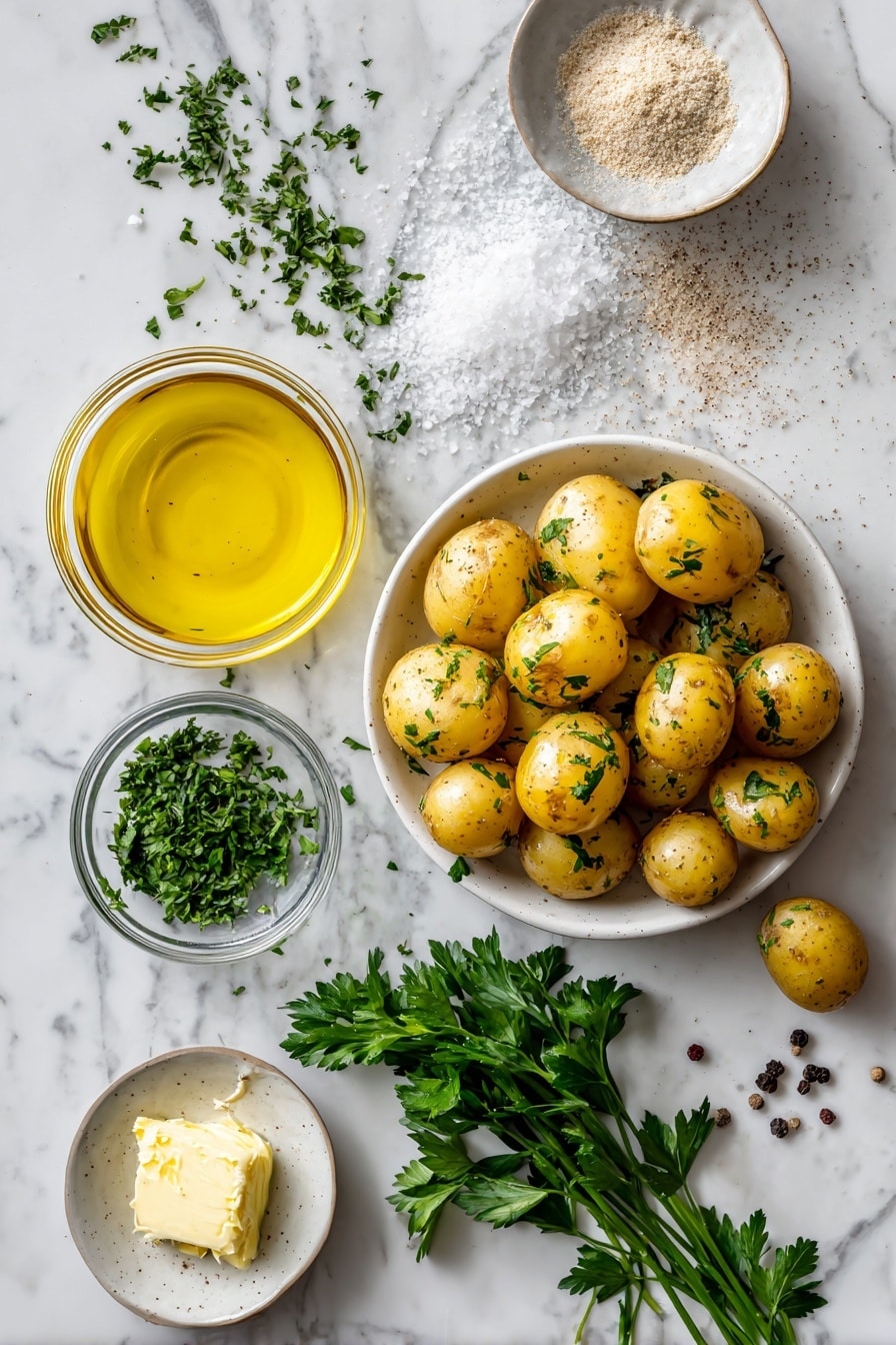 Flat lay of small golden baby potatoes, a small dish of melted butter glistening with richness, a glass bowl filled with golden olive oil, a scattering of bright green finely chopped fresh parsley, white flaky sea salt crystals, and a dusting of pale beige garlic powder, all beautifully arranged with sprinkles of coarse black pepper, placed on a white marble surface, photo taken with an iphone --ar 2:3 --v 7 - Crispy Air Fryer Smashed Potatoes, air fryer smashed potatoes, easy crispy potato side dish, healthy crispy potato recipe, quick air fryer potato ideas