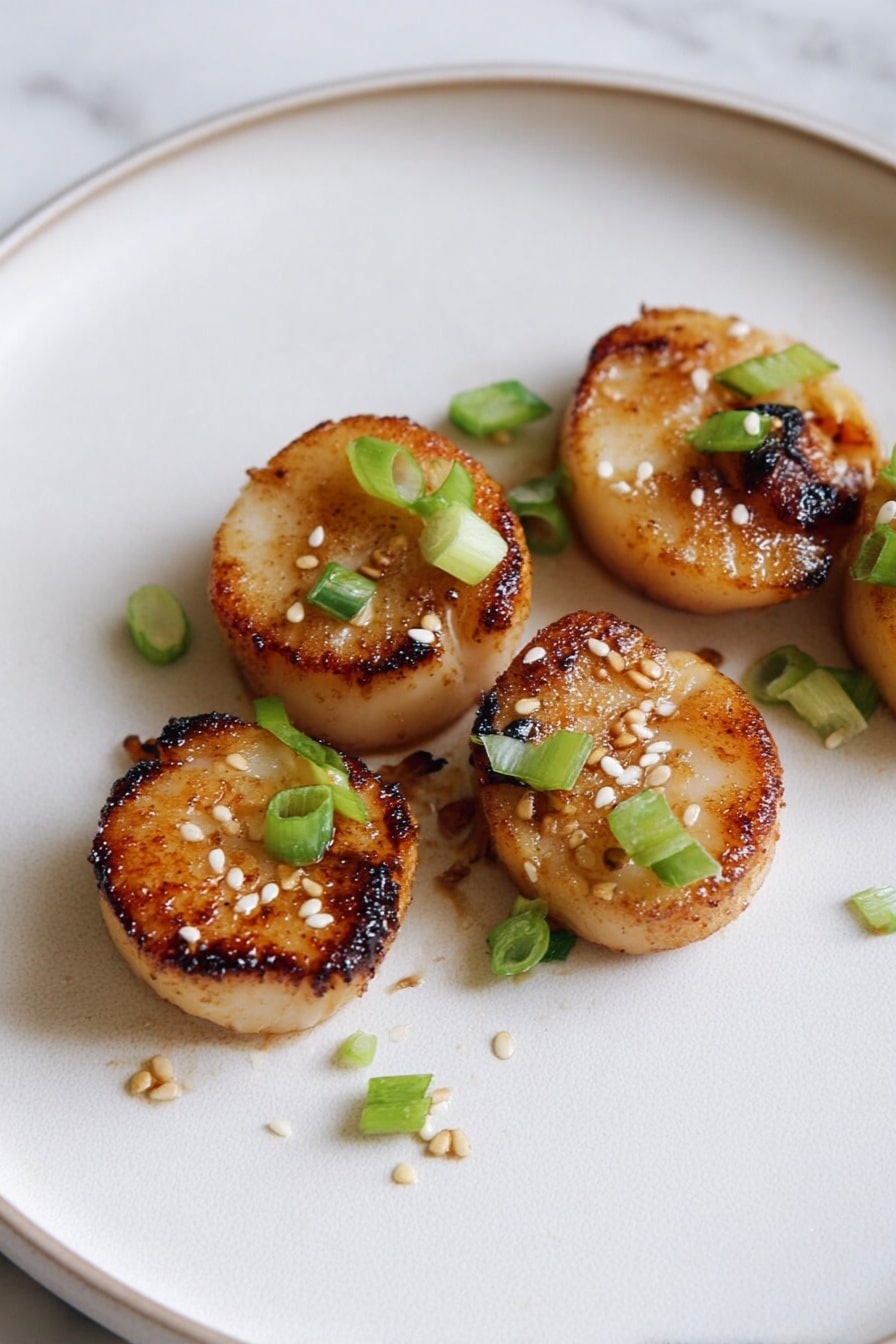 Five round, golden brown pieces of seared food are arranged slightly spread out on a white plate with a smooth texture. Each piece has a crisp, caramelized edge and a light brown top with some slightly darker char marks. Small green chopped spring onions are scattered on top of and around the pieces, adding a fresh touch of color. Tiny white sesame seeds sprinkle the surface of the food and plate for extra texture. The plate sits on a white marbled surface in soft natural light, emphasizing the warm tones of the dish. photo taken with an iphone --ar 2:3 --v 7 - Miso Soy King Oyster Mushroom, Vegan Scallops, Vegan Mushroom Recipes, Easy Vegan Seafood, Plant-Based Ocean Flavors