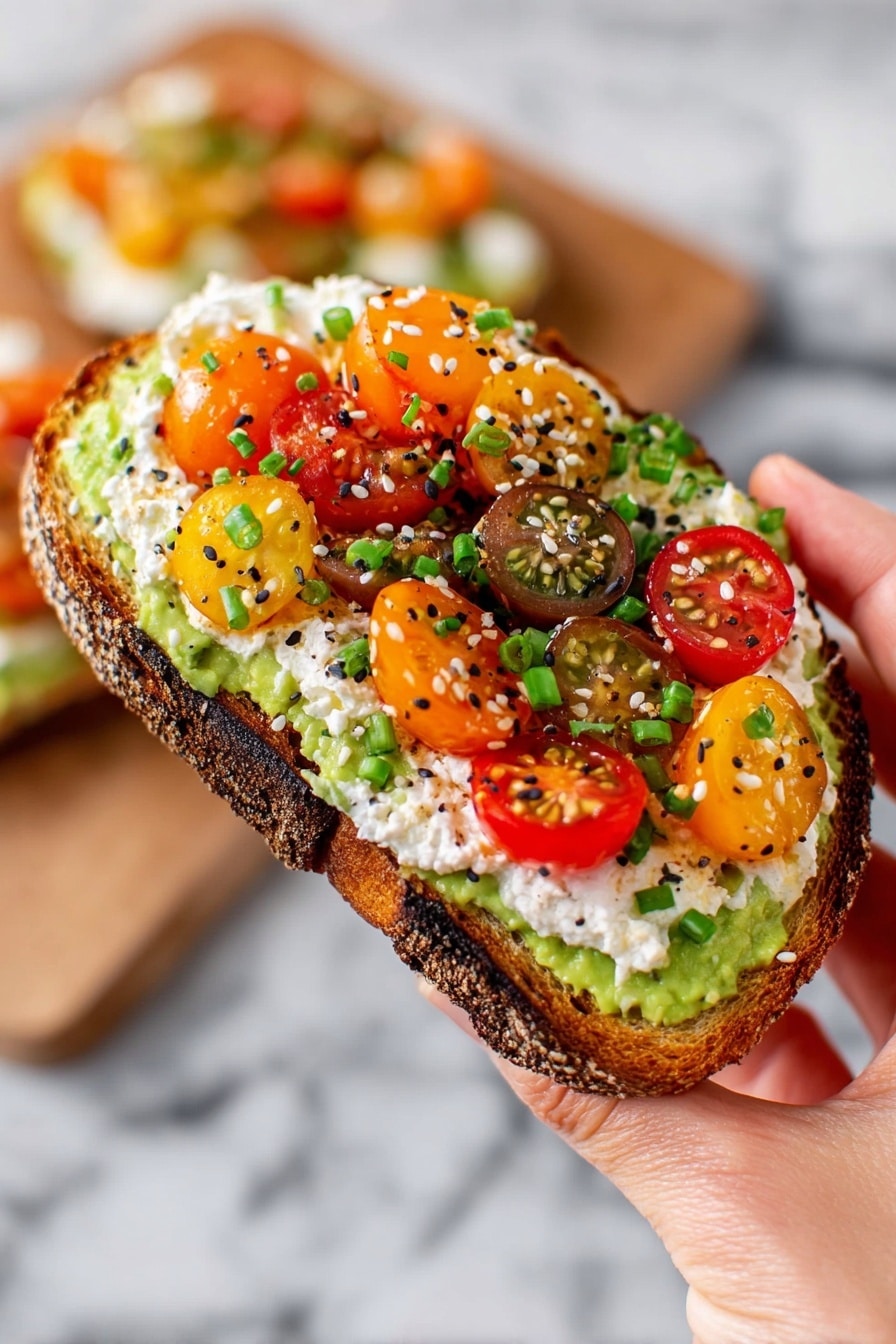 A slice of toasted bread with a dark brown crust and light brown inside is held by a woman's hand. The first layer on the bread is mashed green avocado, spread evenly. On top of the avocado is a thick layer of white creamy cheese with a smooth texture. The top layer features colorful cherry tomato halves in red, yellow, orange, and brown shades, scattered nicely. Small pieces of green chopped chives and a sprinkle of black and white sesame seeds are spread across the tomatoes, adding texture and color. The background shows a white marbled surface and a blurred second slice of toast. Photo taken with an iphone --ar 2:3 --v 7 - Avocado Cottage Cheese Toast with Everything But The Bagel Seasoning, healthy avocado toast, protein-packed breakfast, quick healthy snacks, savory cottage cheese toast