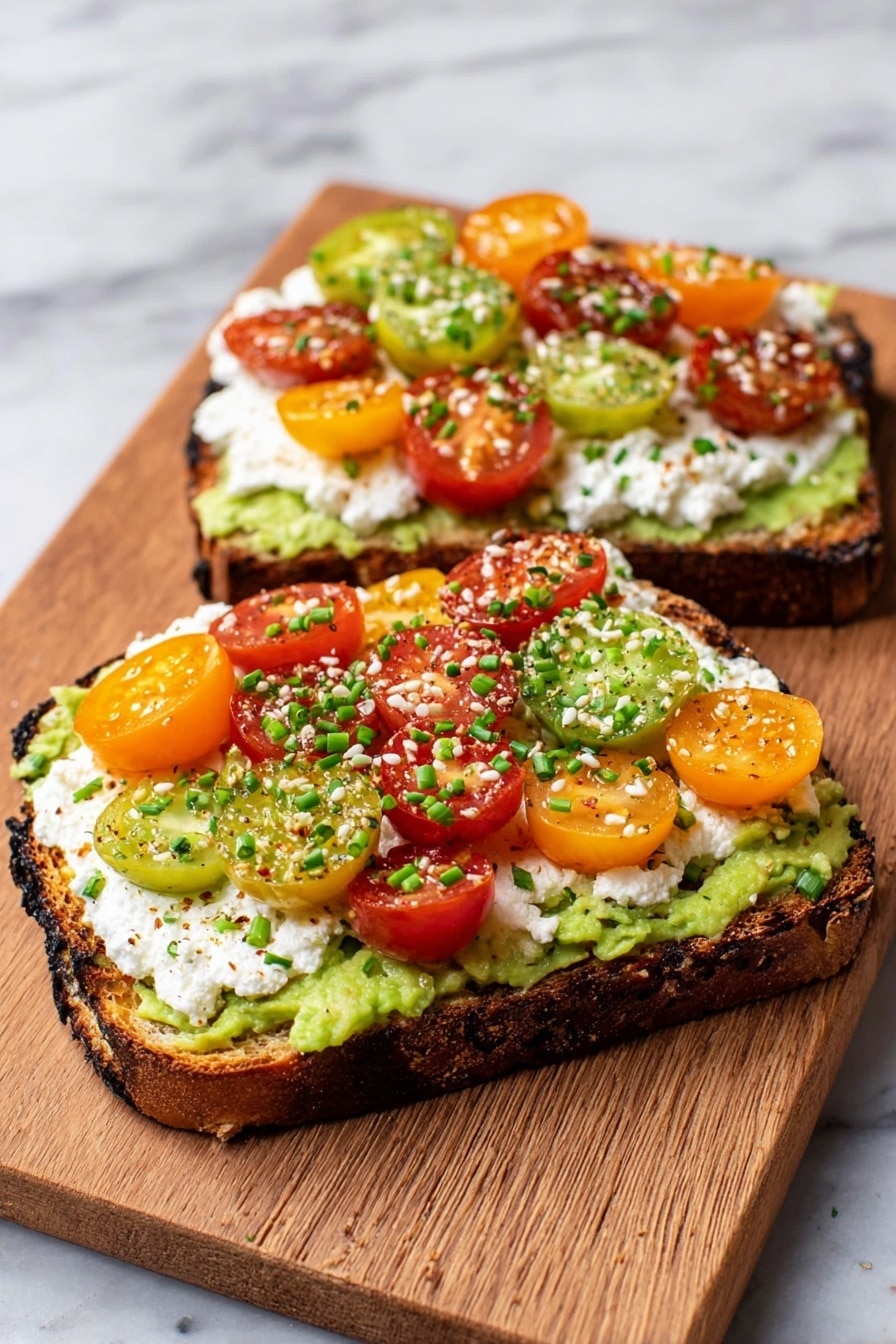 Two slices of toasted bread with dark crispy edges sit on a wooden board. Each slice has a first layer of mashed green avocado spread evenly. On top, there is a thick layer of white cottage cheese dotted with small lumps. The top layer has halved cherry tomatoes in red, orange, and green colors arranged closely. The toast is garnished with chopped green chives and black and white sesame seeds scattered evenly. The wooden board rests on a white marbled surface. Photo taken with an iphone --ar 2:3 --v 7 - Avocado Cottage Cheese Toast with Everything But The Bagel Seasoning, healthy avocado toast, protein-packed breakfast, quick healthy snacks, savory cottage cheese toast