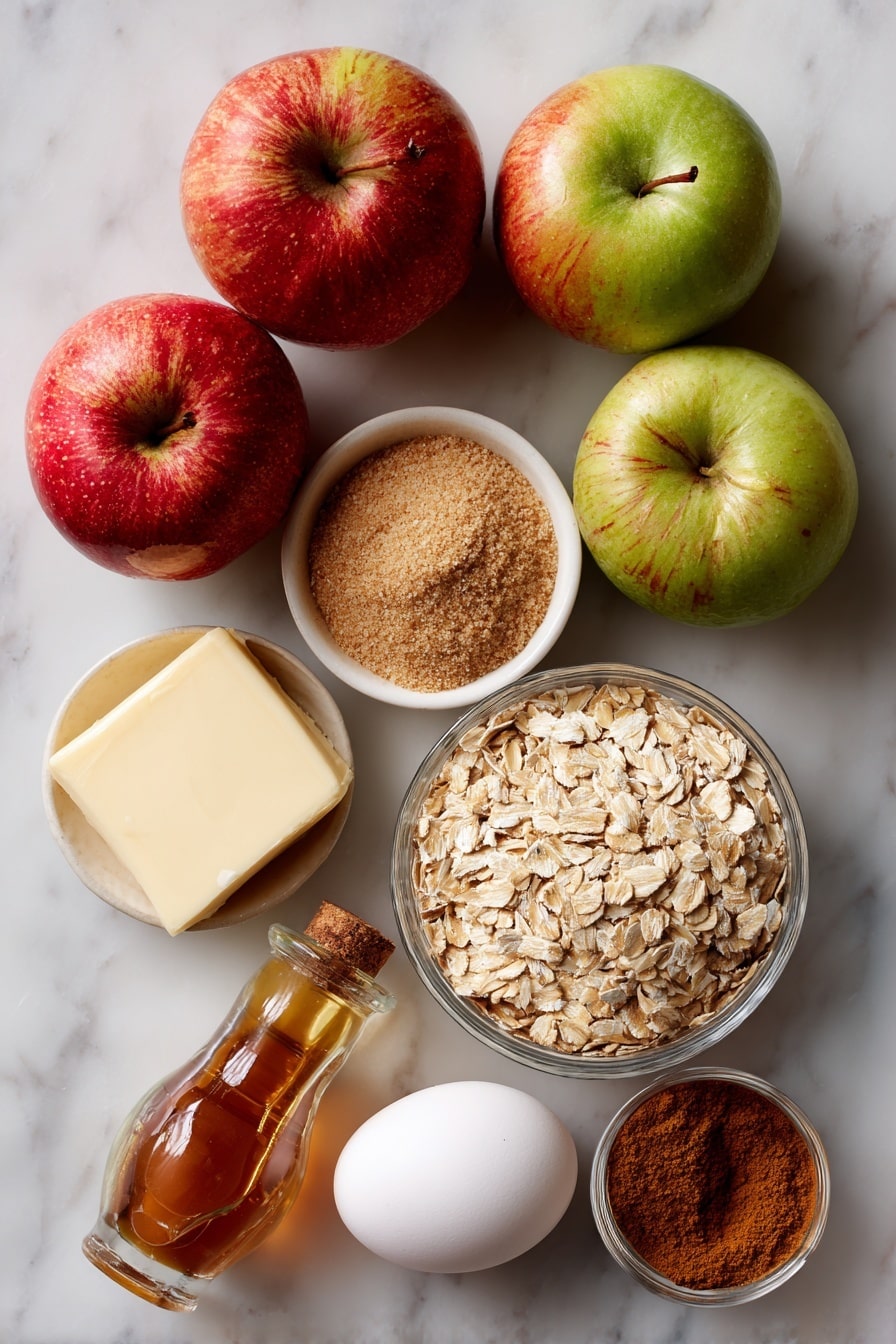 Flat lay of chopped fresh apples with their red and green skin, a neat pile of old-fashioned rolled oats, a small mound of light brown sugar, a stick of unsalted butter softened with a smooth texture, a scattering of ground cinnamon and nutmeg powders creating warm earthy tones, a single fresh egg with a clean shell, and a small glass bottle of vanilla extract, all beautifully arranged on a white marble surface, photo taken with an iphone --ar 2:3 --v 7 - Apple Oatmeal Cookies, easy apple oatmeal cookies, fall cookies with apples, homemade apple oatmeal treats, soft chewy apple cookies