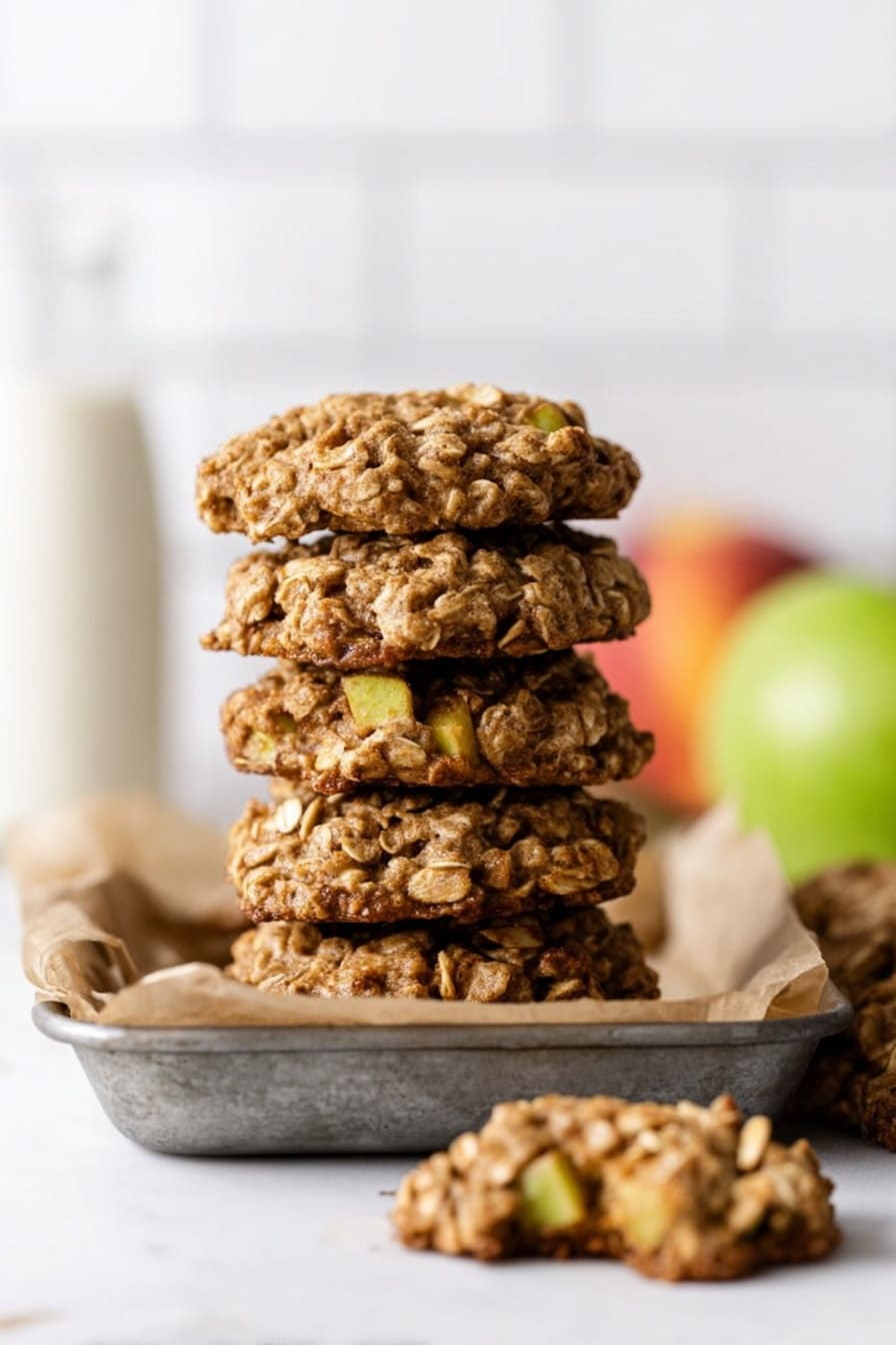 A stack of six brown oatmeal cookies with visible small chunks of yellow apple pieces sits in the center of a metal pan lined with parchment paper. The cookies have a rough texture with oats and apple chunks spread throughout. One cookie lies broken on a white marbled surface in the front left of the image. In the blurred background, there is a green apple and a peach on the right side, and an out-of-focus glass bottle of milk on the left side. The background wall has white subway tiles. photo taken with an iphone --ar 2:3 --v 7 - Apple Oatmeal Cookies, easy apple oatmeal cookies, fall cookies with apples, homemade apple oatmeal treats, soft chewy apple cookies