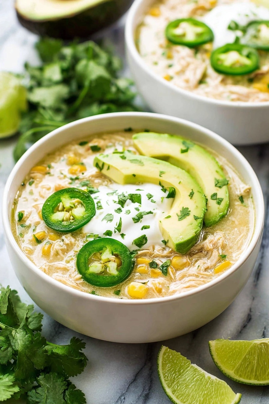 A white bowl filled with light yellow creamy soup, layered with pale shredded chicken and small whole corn kernels visible in the mix. On top, there are three slices of bright green avocado placed on one side and three thin green jalapeño rings on the other. A dollop of white sour cream sits in the center, garnished with finely chopped fresh green cilantro. A thin slice of lime rests along the bowl’s edge. The bowl sits on a white marbled surface with fresh green cilantro leaves and lime wedges scattered around, and another white bowl filled with the same soup is slightly blurred in the background. Photo taken with an iphone --ar 2:3 --v 7 - Crockpot White Chicken Chili, white chicken chili, slow cooker chicken chili, easy chicken chili, healthy white chili