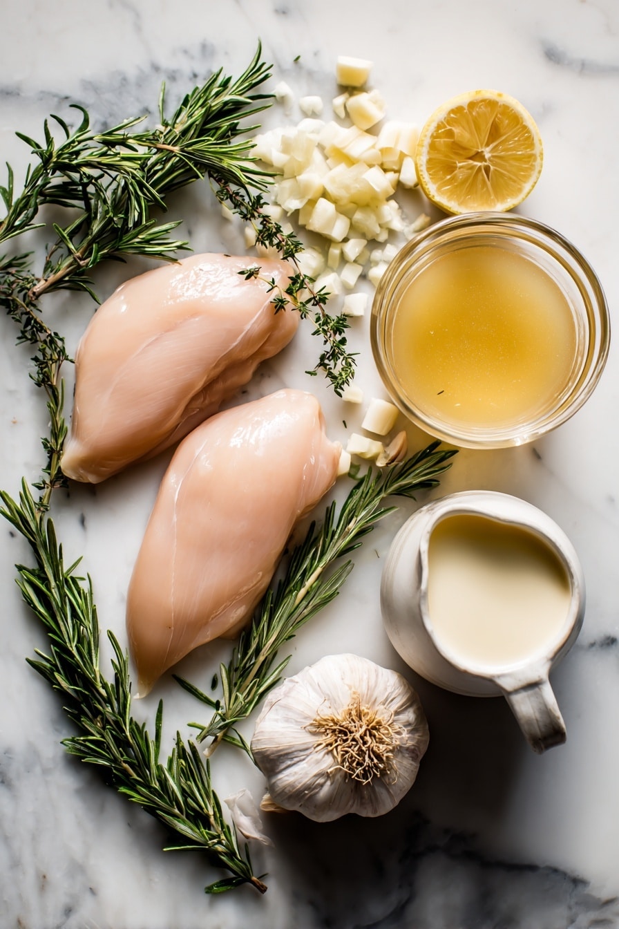 Flat lay of boneless skinless chicken breasts, fresh rosemary sprigs, a whole shallot with some diced pieces, peeled garlic cloves, a bright lemon with both whole fruit and zest curls, a small jug of creamy heavy cream, and a glass container of golden chicken broth, all beautifully arranged with natural light and soft shadows, placed on a white marble surface, photo taken with an iphone --ar 2:3 --v 7 - Slow Cooker Creamy Lemon Herb Chicken, healthy slow cooker chicken recipes, easy lemon chicken dinner, comforting chicken skillet, flavorful slow cooker chicken