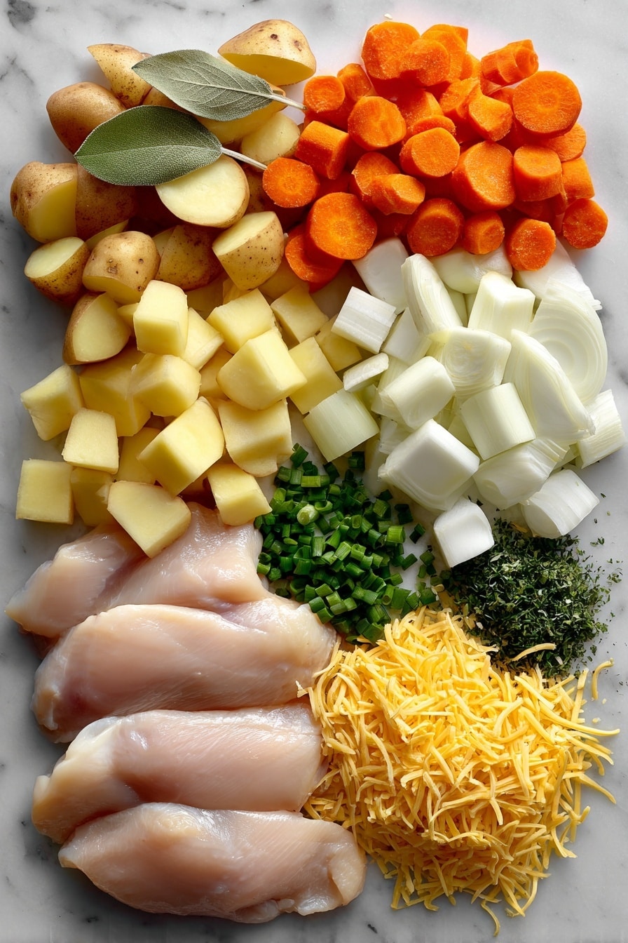 Flat lay of boneless chicken breasts, peeled and cubed russet potatoes, chopped yellow onion, sliced carrots, chopped celery, minced garlic cloves, fresh bay leaves, shredded cheddar cheese, and chopped green chives, all beautifully arranged with vibrant colors and natural textures, placed on a white marble surface, photo taken with an iphone --ar 2:3 --v 7 - Creamy Slow Cooker Chicken and Potato Soup, Chicken and Potato Soup, Slow Cooker Soup Recipes, Hearty Chicken and Potato Soup, Easy Comfort Food Soup