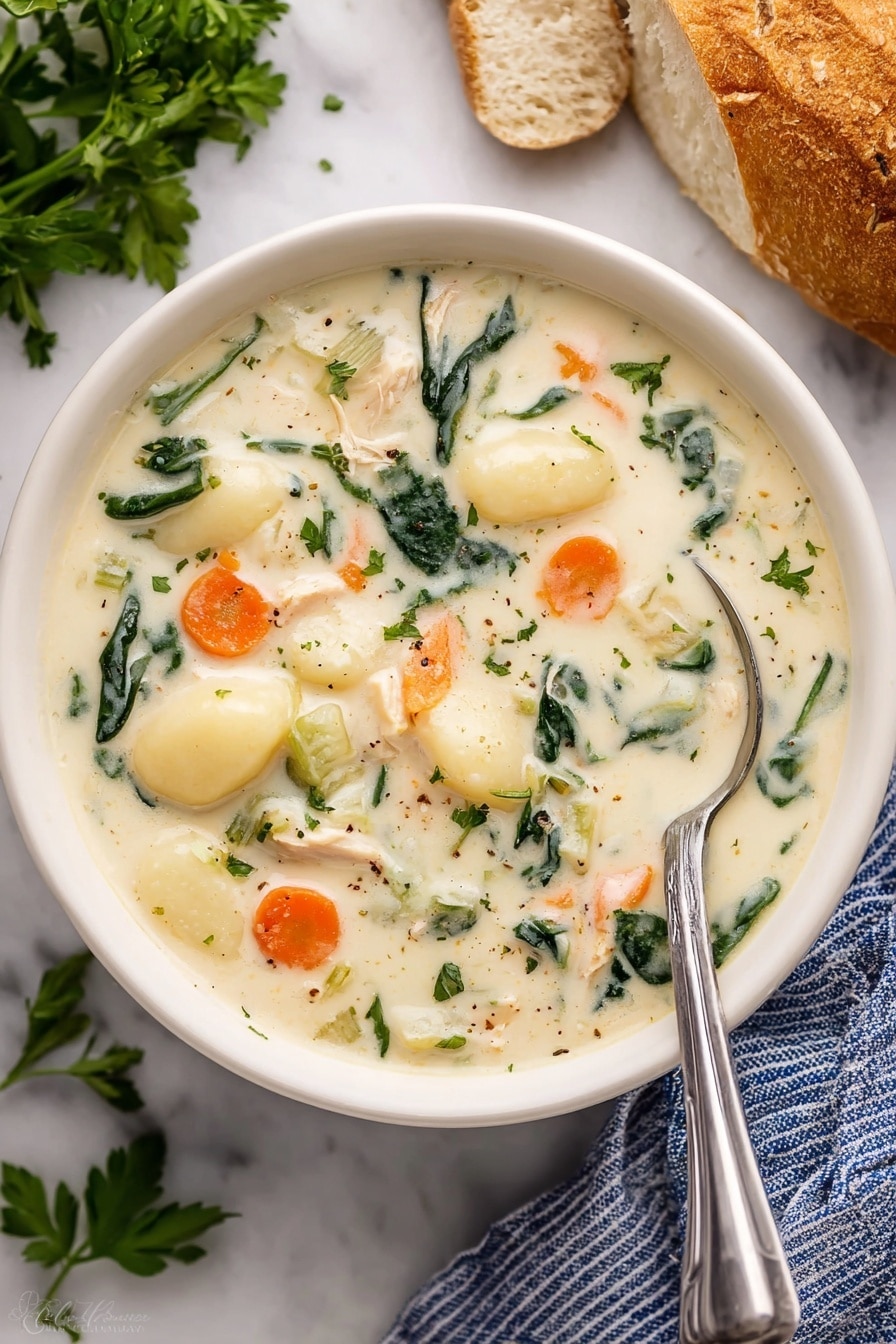 A white bowl filled with a creamy soup showing several layers inside: soft white gnocchi pieces, orange carrot slices, green spinach leaves, small white chunks of chicken, and hints of celery pieces all mixed inside a thick, white creamy broth. A silver spoon rests inside the bowl on the right side. The bowl is placed on a white marbled surface with fresh green parsley leaves on the upper left and pieces of crusty bread on the upper right, next to a blue and white striped cloth at the bottom right. photo taken with an iphone --ar 2:3 --v 7 - Slow Cooker Chicken Gnocchi Soup, chicken gnocchi soup, creamy chicken gnocchi stew, easy slow cooker soup, hearty chicken and gnocchi soup