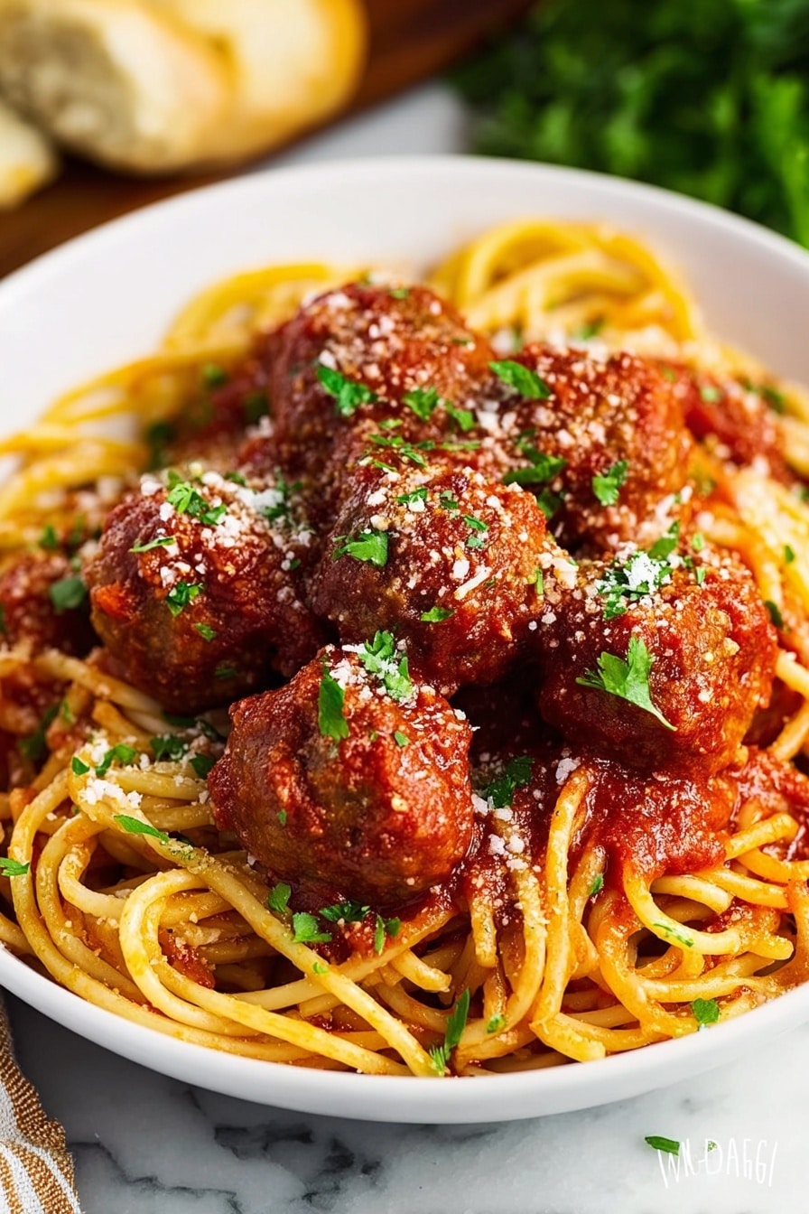 A white shallow bowl filled with a nest of thick yellow spaghetti noodles, topped with seven round brown meatballs coated in red tomato sauce. The tomato sauce covers some parts of the noodles lightly, with a sprinkle of white grated cheese and small bright green parsley leaves scattered on top. The bowl is placed on a white marbled surface with some blurred green herbs and a piece of bread in the background. photo taken with an iphone --ar 2:3 --v 7 - Easy Crock Pot Spaghetti with Meatballs, slow cooker Italian dinner, effortless meatball pasta, simple crockpot spaghetti recipe, hearty comfort food