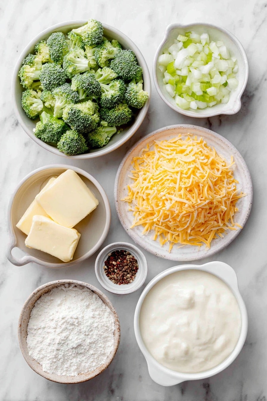 Flat lay of fresh small diced broccoli florets, a few pats of smooth yellow butter, finely diced white onion, a small pile of minced garlic, diced celery pieces, a small mound of coarse salt, whole black peppercorns, a small white ceramic bowl of golden chicken broth, a small white bowl filled with white cornstarch powder, a small white bowl of thick heavy cream, shredded bright orange cheddar cheese arranged neatly on a white ceramic plate, all placed on a clean white marble surface, soft natural light, photo taken with an iPhone, professional food photography style, fresh ingredients, white ceramic bowls, no bottles, no duplicates, no utensils, no packaging --ar 2:3 --v 7 --p awthu7i m7354615311229779997 - Crockpot Broccoli Cheese Soup, easy broccoli cheese soup, slow cooker broccoli cheddar soup, creamy broccoli cheese, comforting soup recipes