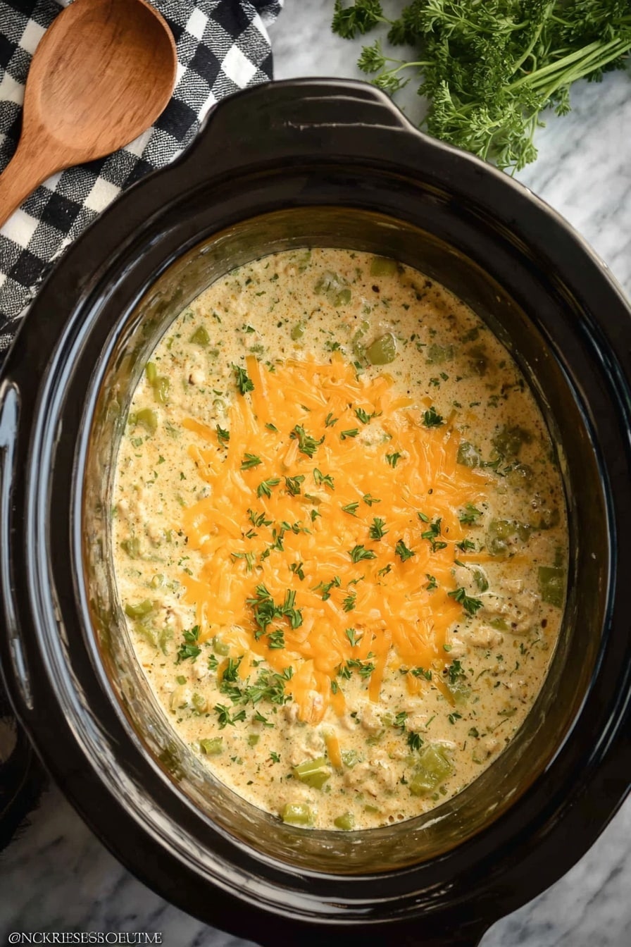 A close-up top view of a slow cooker filled with a creamy mixture that has small green pieces of vegetables throughout, topped with a layer of melted orange cheese in the center. The slow cooker is black and sits on a white marbled texture. To the upper left corner, there is a wooden spoon resting on a black and white checkered cloth, and some green herbs lie in the upper right area. Photo taken with an iphone --ar 2:3 --v 7 - Crockpot Broccoli Cheese Soup, easy broccoli cheese soup, slow cooker broccoli cheddar soup, creamy broccoli cheese, comforting soup recipes