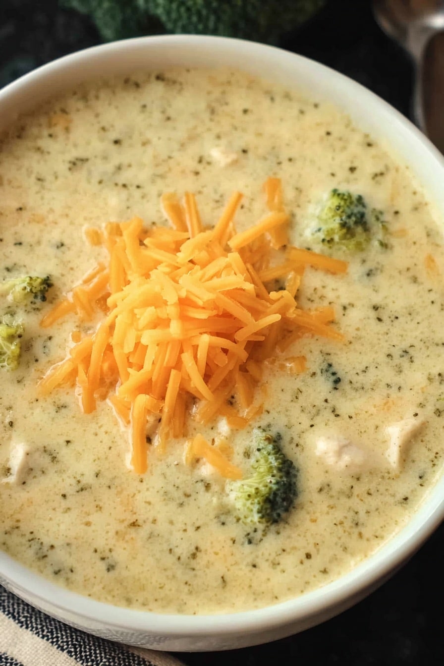 A close-up view of a creamy soup with a thick texture and light greenish-white color mixed with small bits of broccoli and chicken, served in a white bowl. On top of the soup is a small pile of shredded bright orange cheddar cheese. The bowl sits on a white marbled surface. Photo taken with an iphone --ar 2:3 --v 7 - Crockpot Broccoli Cheese Soup, easy broccoli cheese soup, slow cooker broccoli cheddar soup, creamy broccoli cheese, comforting soup recipes