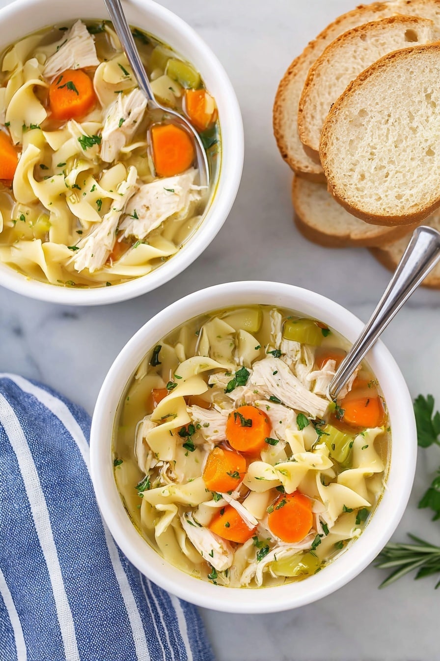 The image shows two white bowls filled with chicken noodle soup placed on a white marbled surface. Each bowl contains clear broth with three main layers: beige spiral egg noodles at the bottom, mixed with orange carrot pieces and light green celery cubes in the middle, and topped with white shredded chicken pieces and small green herb sprigs like parsley and rosemary. Next to the bowls, there are three white slices of toasted bread with a golden crust, and some parsley leaves are scattered around for decoration. A blue and white striped cloth is partially visible under one bowl. Photo taken with an iphone --ar 2:3 --v 7 - Crockpot Chicken Noodle Soup, slow cooker chicken noodle soup recipe, easy chicken noodle soup, comforting homemade chicken soup, hearty slow cooker soup