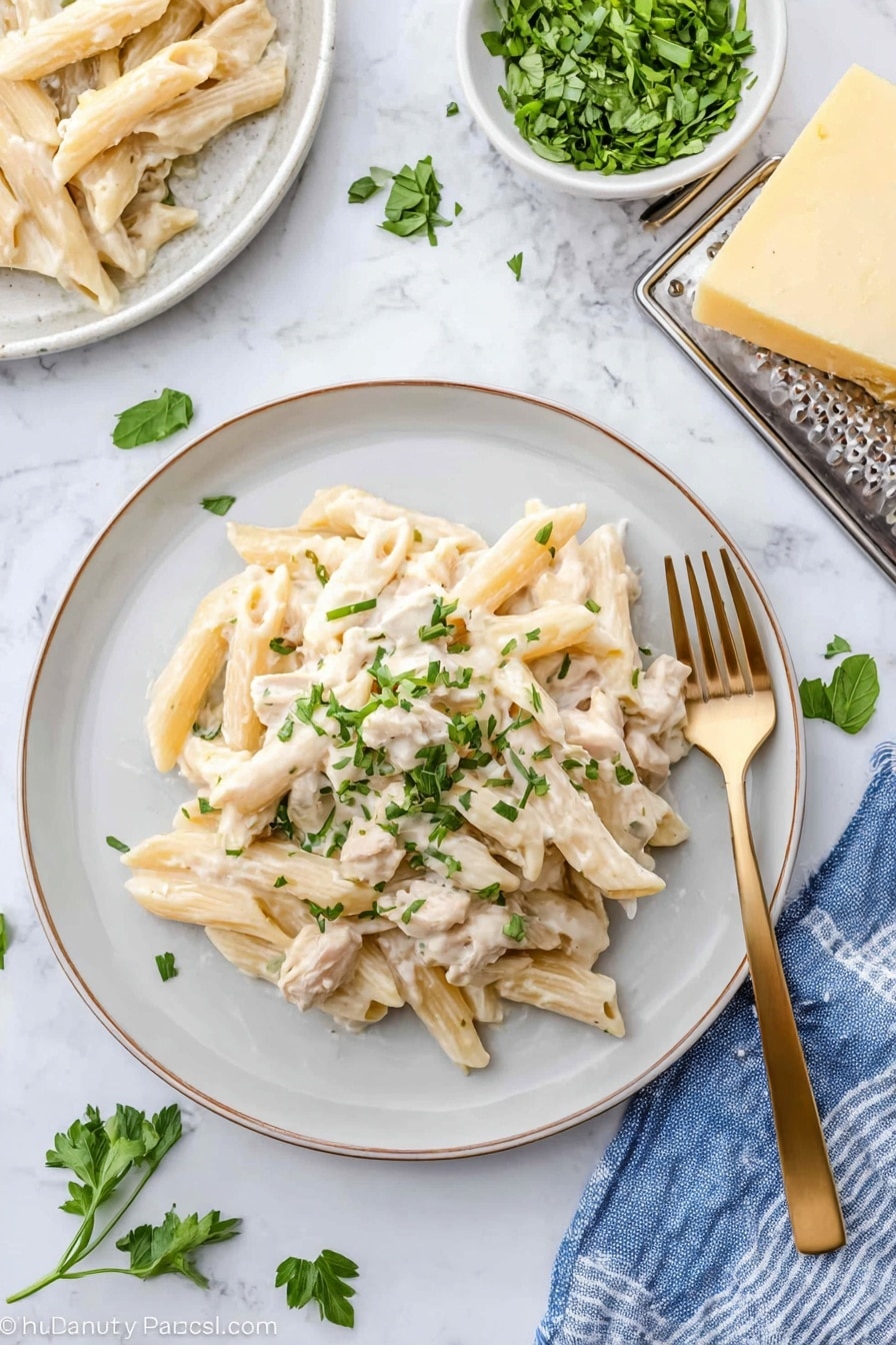 A white plate holds a serving of penne pasta covered in a creamy, pale off-white sauce. The pasta is mixed with small pieces of white meat and sprinkled with chopped green herbs on top. The plate is placed on a white marbled surface with small green herb leaves scattered around. Nearby, there is a white bowl filled with chopped green herbs and a block of pale yellow cheese on a metal grater. A gold-colored fork rests on a blue and white striped cloth to the right of the plate. photo taken with an iphone --ar 2:3 --v 7 - Crock Pot Chicken Alfredo Casserole, easy chicken Alfredo slow cooker, creamy chicken pasta bake, casserole recipes with chicken, make-ahead Alfredo dinner