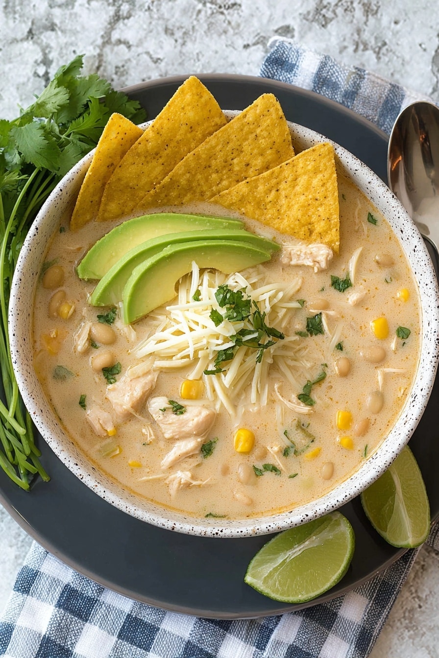 A white speckled bowl sits on a dark brown plate, filled with creamy soup that has a light beige color with visible pieces of shredded chicken, corn, and white beans mixed inside. On top of the soup, there are three triangular yellow tortilla chips standing upright on one side, while thinly shredded white cheese is placed beside them. Next to the cheese, slices of bright green avocado fan out, and a fresh lime wedge sits in the center. Sprinkled throughout the soup are small green cilantro leaves. The setup is on a white marbled surface with some avocado halves and fresh cilantro blurred in the background. photo taken with an iphone --ar 2:3 --v 7 - White Chicken Chili, creamy white chicken chili, easy chicken chili recipe, healthy chicken chili, comforting chicken chili