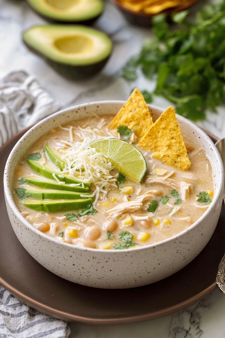The dish is a creamy soup served in a white speckled bowl placed on a dark plate against a white marbled textured surface. The soup has a light beige color with visible chunks of chicken, corn, and white beans scattered throughout. On top, there are three large yellow tortilla chips arranged along the upper side, a handful of shredded white cheese in the center, a few green cilantro leaves sprinkled around, thin slices of avocado fanned out on the left side, and a wedge of lime resting near the avocado. A spoon is placed beside the bowl on a white and blue checkered napkin. Photo taken with an iphone --ar 2:3 --v 7 - White Chicken Chili, creamy white chicken chili, easy chicken chili recipe, healthy chicken chili, comforting chicken chili