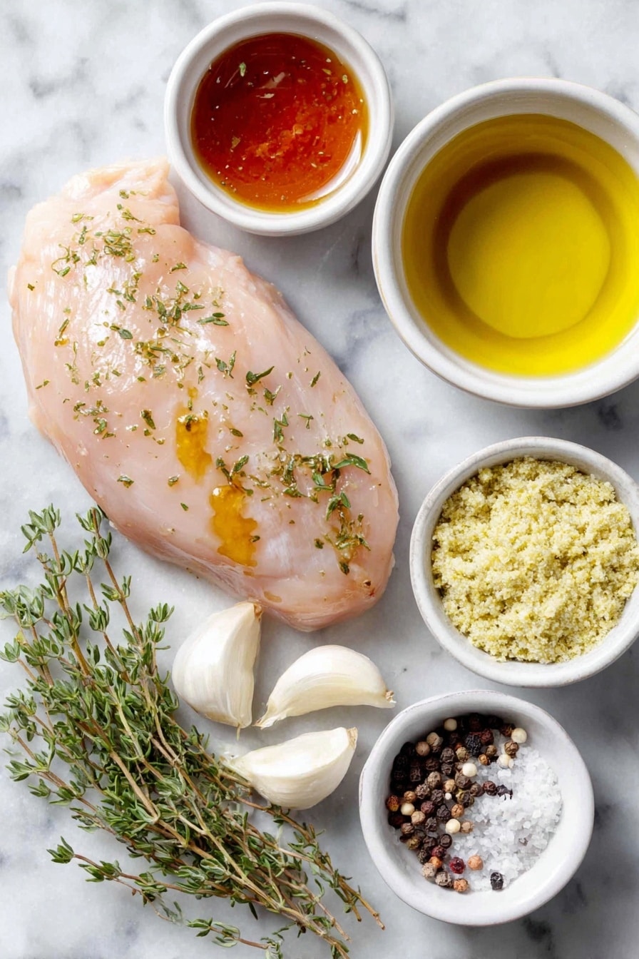 Flat lay of a fresh boneless, skinless chicken breast half, a small drizzle of golden olive oil in a white ceramic bowl, a small white bowl with glossy amber maple syrup, two cloves of fresh garlic with papery skin, a few sprigs of fresh green thyme, a small white bowl of pale yellow stone-ground mustard with visible mustard seeds, a small white bowl of clear cider vinegar, a small white bowl filled with light golden low-sodium chicken broth, a small pile of coarse black peppercorns, and a small pile of fine white salt crystals, all arranged symmetrically on a clean white marble surface, soft natural light, photo taken with an iPhone, professional food photography style, fresh ingredients, white ceramic bowls, no bottles, no duplicates, no utensils, no packaging --ar 2:3 --v 7 --p awthu7i m7354615311229779997 - Maple Mustard Glazed Chicken, Chicken glaze with maple and mustard, Easy baked chicken with maple and mustard, Tender chicken with flavorful glaze, One-pan chicken dinner