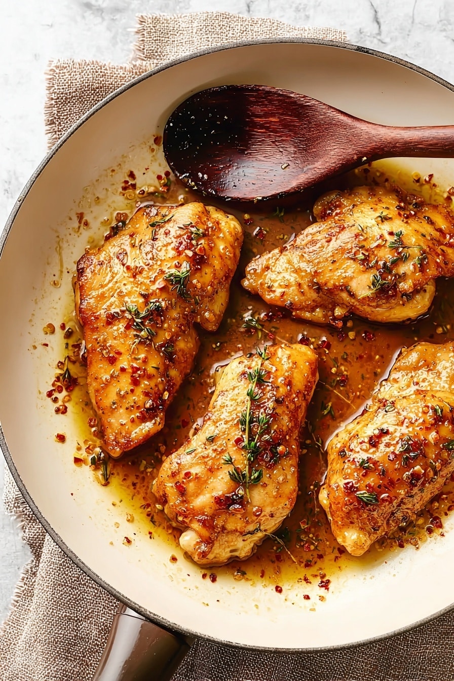 The image shows a close-up of four golden brown chicken pieces cooking in a copper-colored frying pan with a shiny glaze of sauce on them, speckled with herbs and black pepper. The chicken pieces vary in size, with two larger pieces at the center and two smaller ones towards the top and bottom right. A dark wooden spoon with sauce droplets rests on the right side of the pan, which sits on a light brown cloth on a white marbled surface. The sauce glistens with a slightly sticky texture, pooling lightly around the chicken, highlighting the juicy, cooked texture of the meat photo taken with an iphone --ar 2:3 --v 7 - Maple Mustard Glazed Chicken, Chicken glaze with maple and mustard, Easy baked chicken with maple and mustard, Tender chicken with flavorful glaze, One-pan chicken dinner