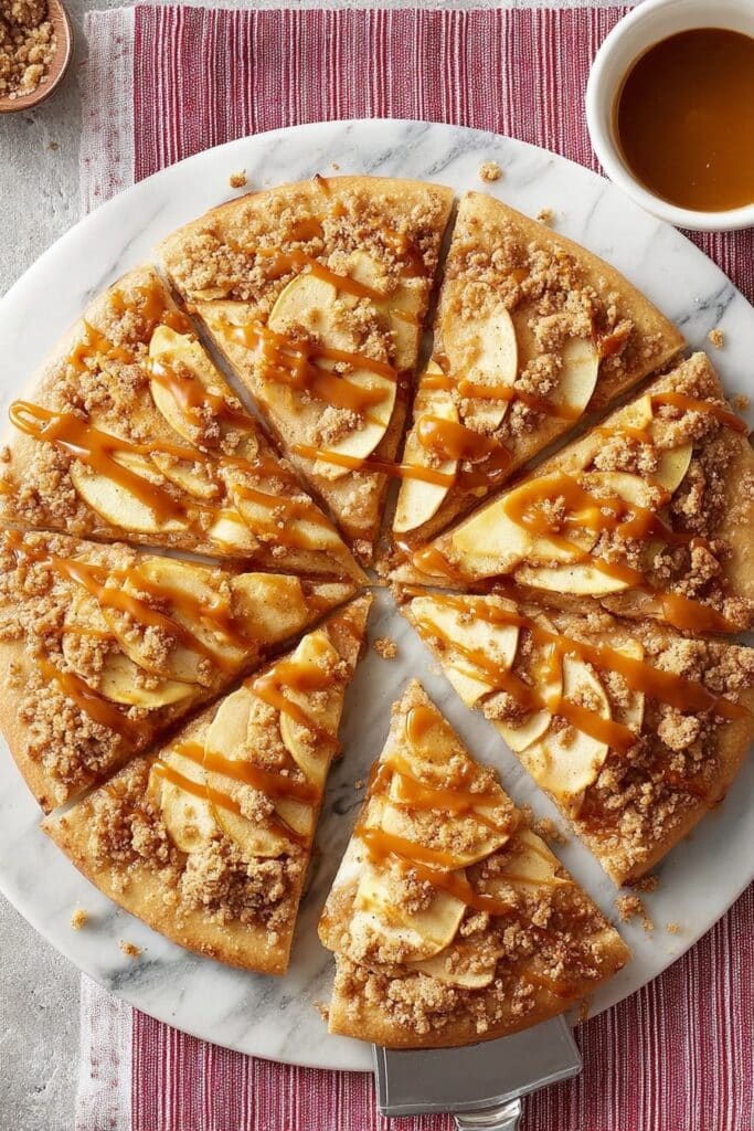 Apple Dessert Pizza with Cinnamon Apples, Cream Cheese Topping, and Streusel Recipe
