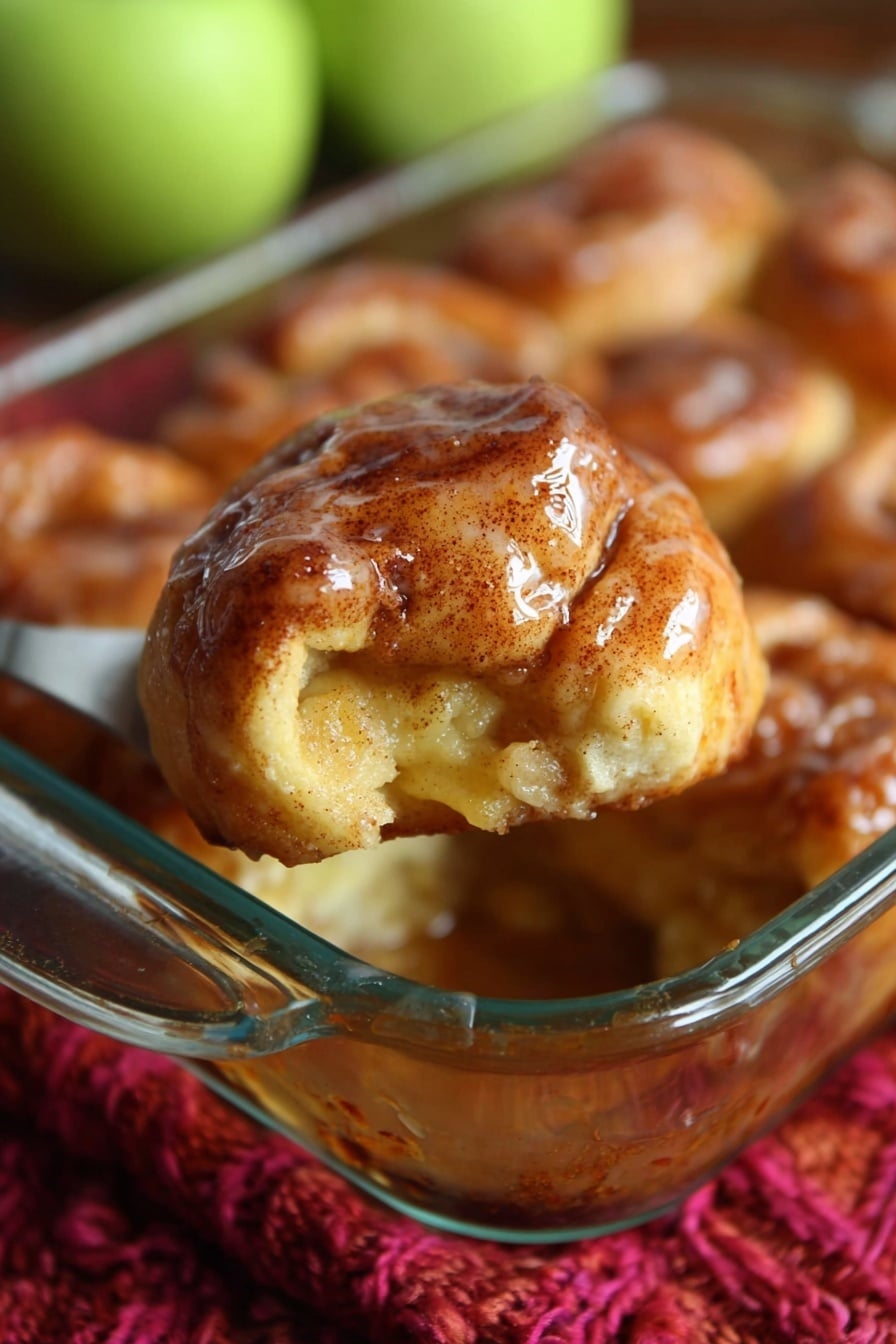 This image shows a close-up of a golden brown pastry with a shiny glaze, held above a glass baking dish filled with similar pastries. The pastry has a baked, slightly rough surface with visible cinnamon specks and a soft, filling visible at one side. The glass dish is resting on a thick, red knitted cloth, with blurred green apples in the background. photo taken with an iphone --ar 2:3 --v 7 - Apple Dumplings with Sprite Drizzle, apple dessert recipes, easy fruit desserts, baked apple treats, nostalgic apple dessert