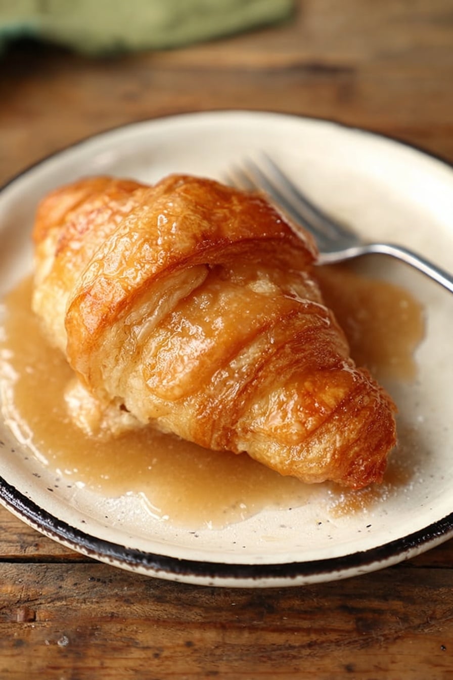 A single golden brown croissant sits on a white plate with a slightly worn black rim. The croissant is covered in a shiny light brown sauce that pools around its base, giving it a moist look. The croissant shows flaky layers with a soft, smooth texture visible under the sauce. The plate rests on a rustic wooden table, but the background and surface should be imagined as a white marbled texture. A fork lies behind the croissant on the plate. Photo taken with an iphone --ar 2:3 --v 7 - Apple Dumplings with Sprite Drizzle, apple dessert recipes, easy fruit desserts, baked apple treats, nostalgic apple dessert