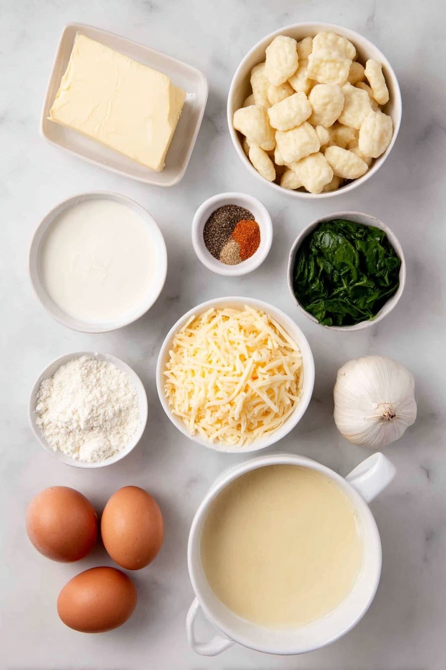 Flat lay of a small pat of butter, one small diced onion, two whole celery ribs, one large peeled and shredded carrot, two peeled garlic cloves, a simple white ceramic bowl filled with pale yellow chicken broth, a cluster of fresh potato gnocchi, a small white bowl of heavy cream, a small white bowl of whole milk, a neat pile of shredded sharp cheddar cheese, a small white bowl of finely grated parmesan cheese, a handful of chopped fresh spinach, a small white bowl of dry mustard powder, a small white bowl of coarse black pepper, and two whole uncracked brown eggs — all arranged in perfect symmetry on a clean white marble surface, soft natural light, photo taken with an iPhone, professional food photography style, fresh ingredients, white ceramic bowls, no bottles, no duplicates, no utensils, no packaging --ar 2:3 --v 7 --p awthu7i m7354615311229779997 - Cheesy Gnocchi Soup, creamy gnocchi soup, comforting gnocchi recipe, easy cheesy soup, hearty gnocchi dish