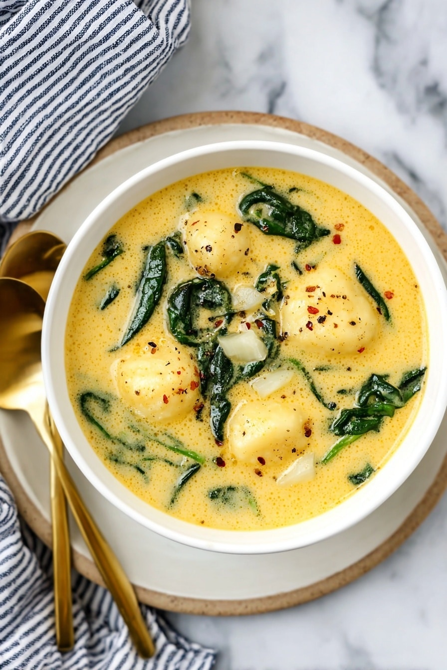 A white bowl is filled with creamy yellow soup, containing three large soft dumplings or gnocchi, scattered green spinach leaves, and small white pieces of onion. The soup has a smooth texture with tiny black specks of pepper on top. The bowl sits on a white marbled plate, with two golden spoons resting beside it. A striped blue and white cloth is placed to the left side of the bowl, all on a white marbled surface. Photo taken with an iphone --ar 2:3 --v 7 - Cheesy Gnocchi Soup, creamy gnocchi soup, comforting gnocchi recipe, easy cheesy soup, hearty gnocchi dish